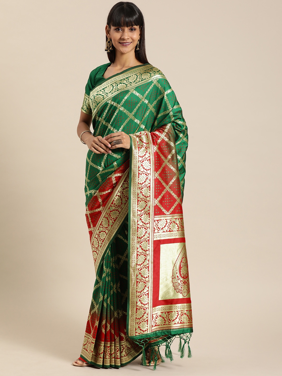 

flaher Green & Maroon Brocade Checked Banarasi Saree