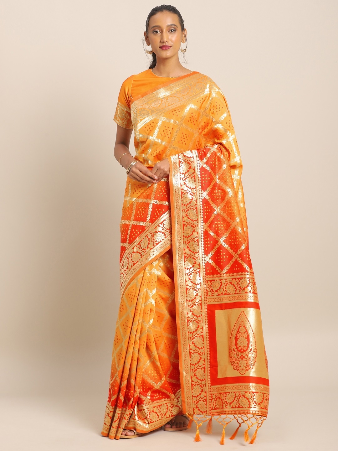 

flaher Orange & Gold-Toned Brocade Woven Design Banarasi Saree