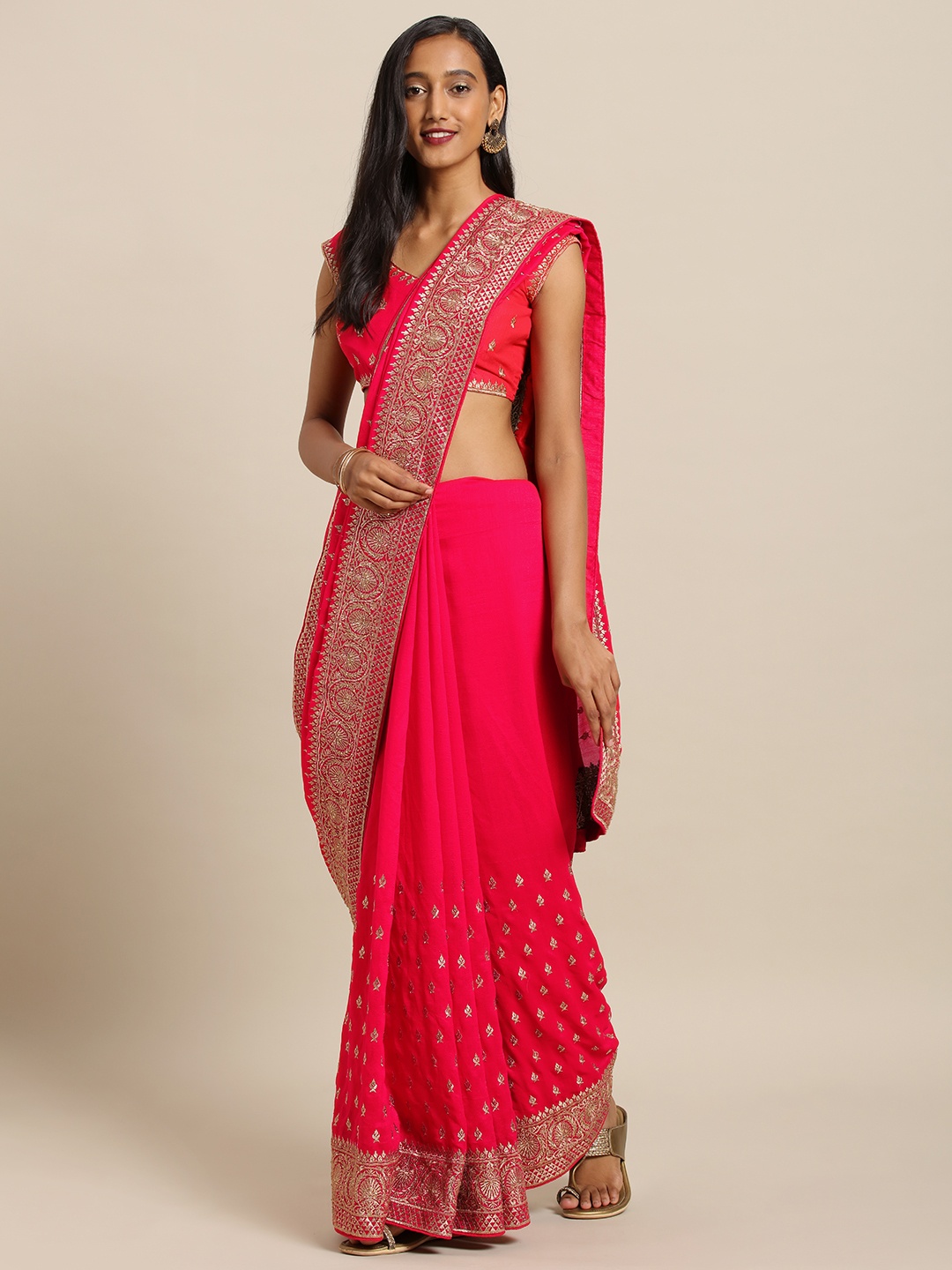 

Soch Coral Pink Embroidered Pure Raw Silk Saree