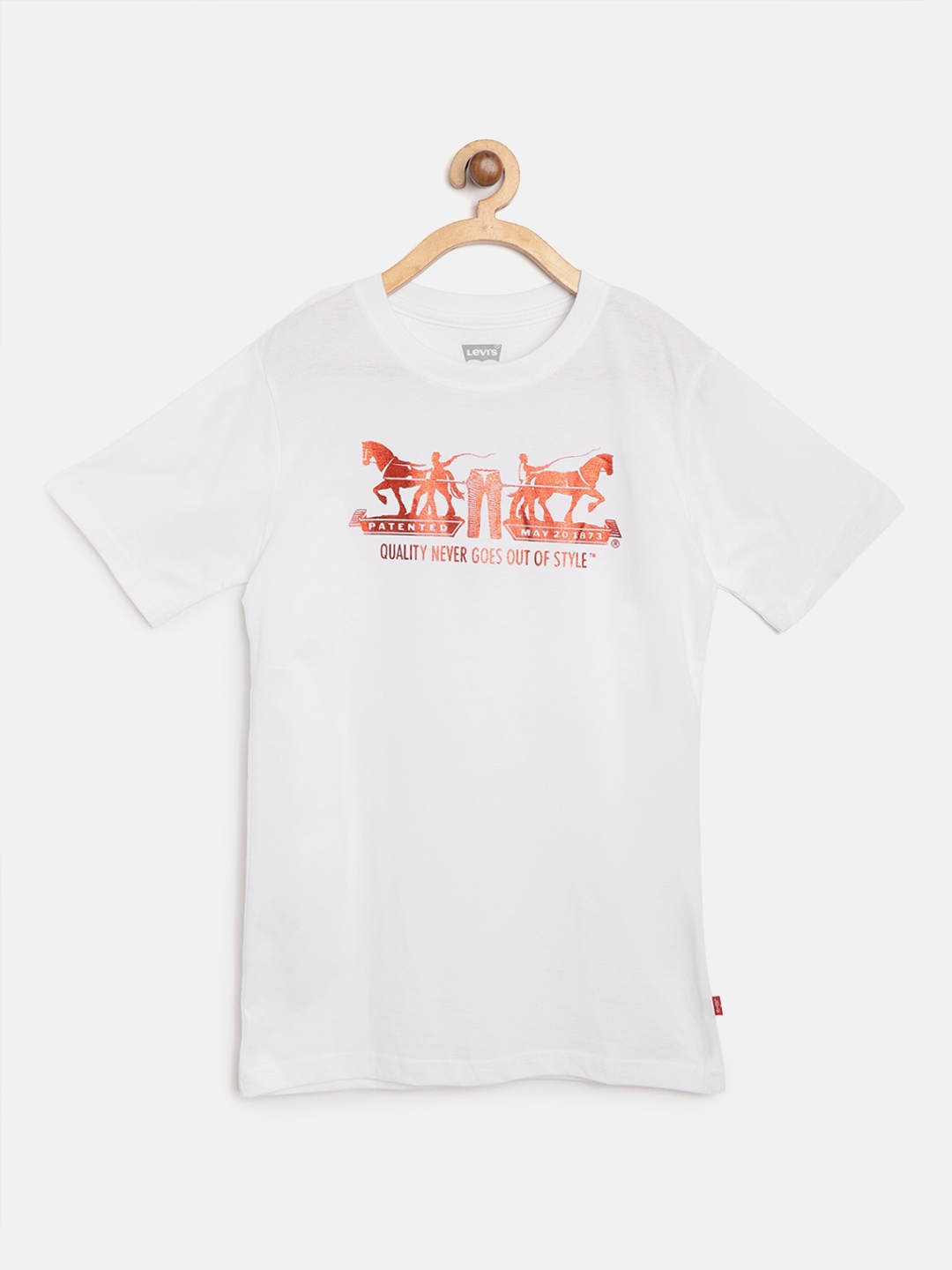 

Levis Boys White Red Printed Round Neck Pure Cotton T-shirt with Sheen Effect