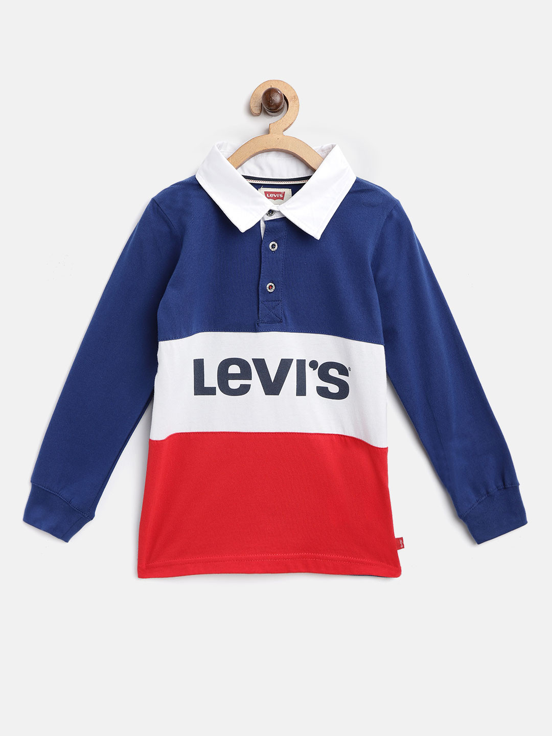 

Levis Boys Navy Blue Red Colourblocked Polo Collar Pure Cotton T-shirt with Brand Logo Print Detail