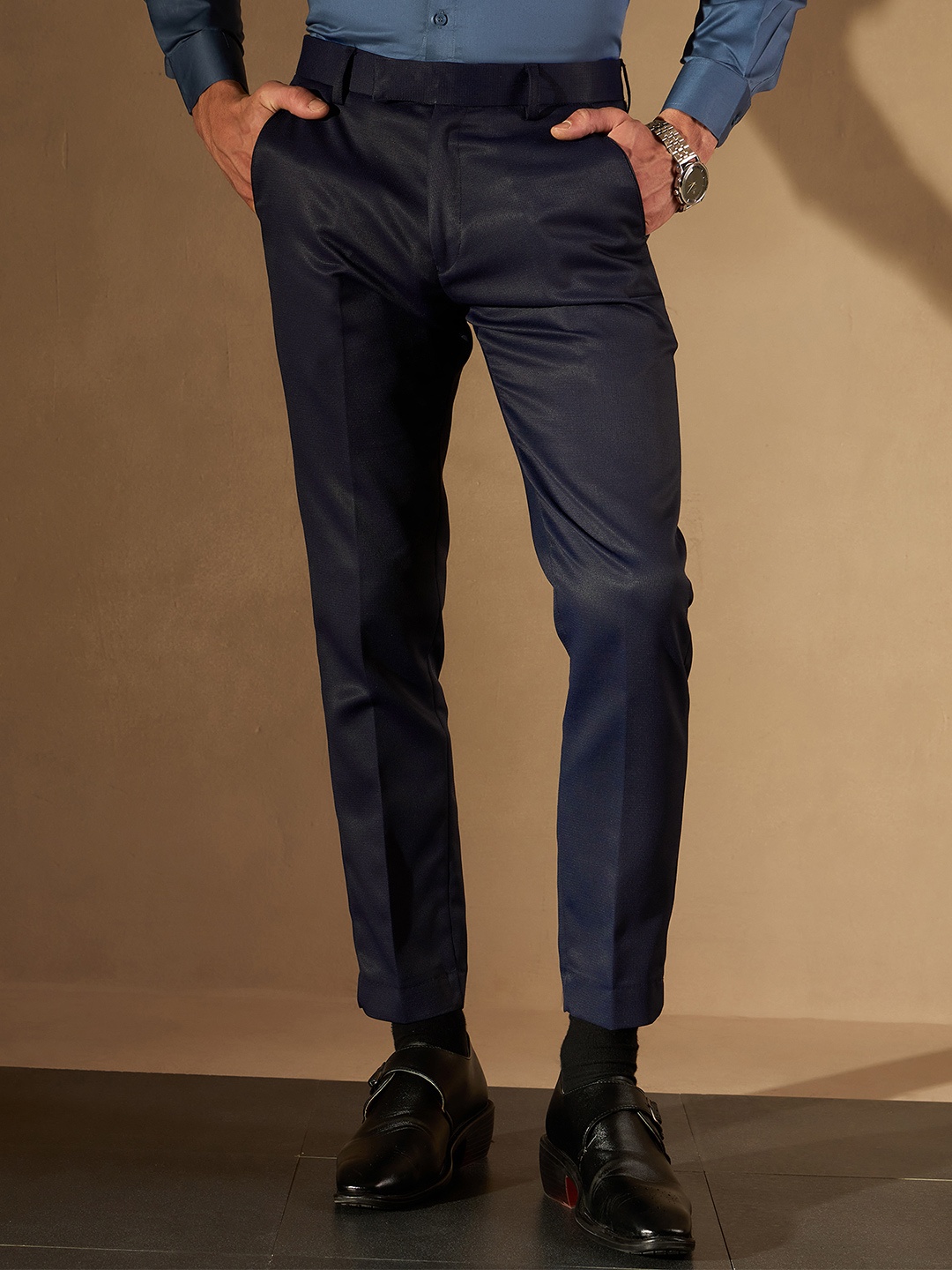 

DENNISON Men Navy Blue Smart Tapered Fit Self Design Regular Trousers