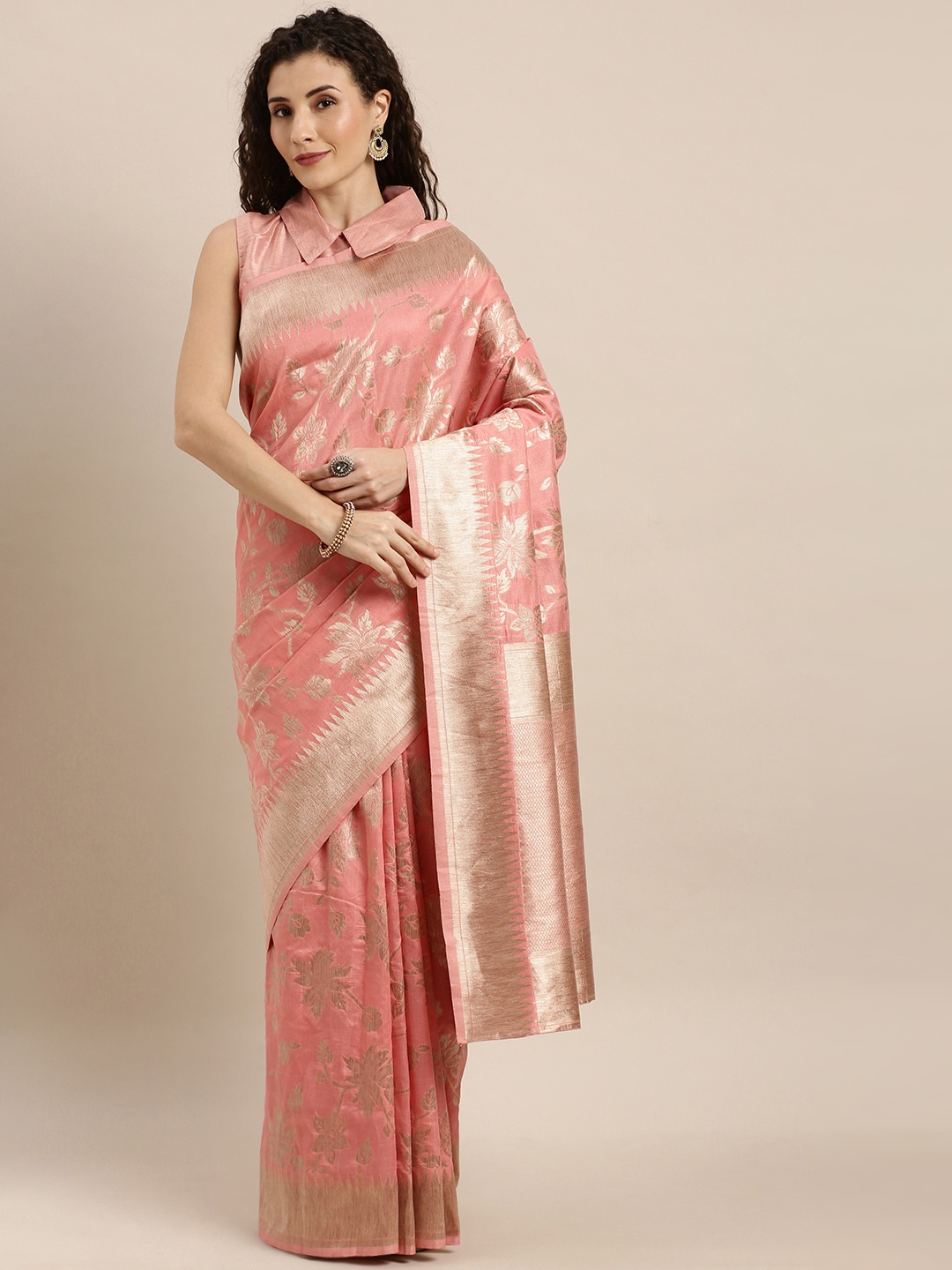 

Inddus Pink & Silver-Toned Silk Blend Woven Design Saree