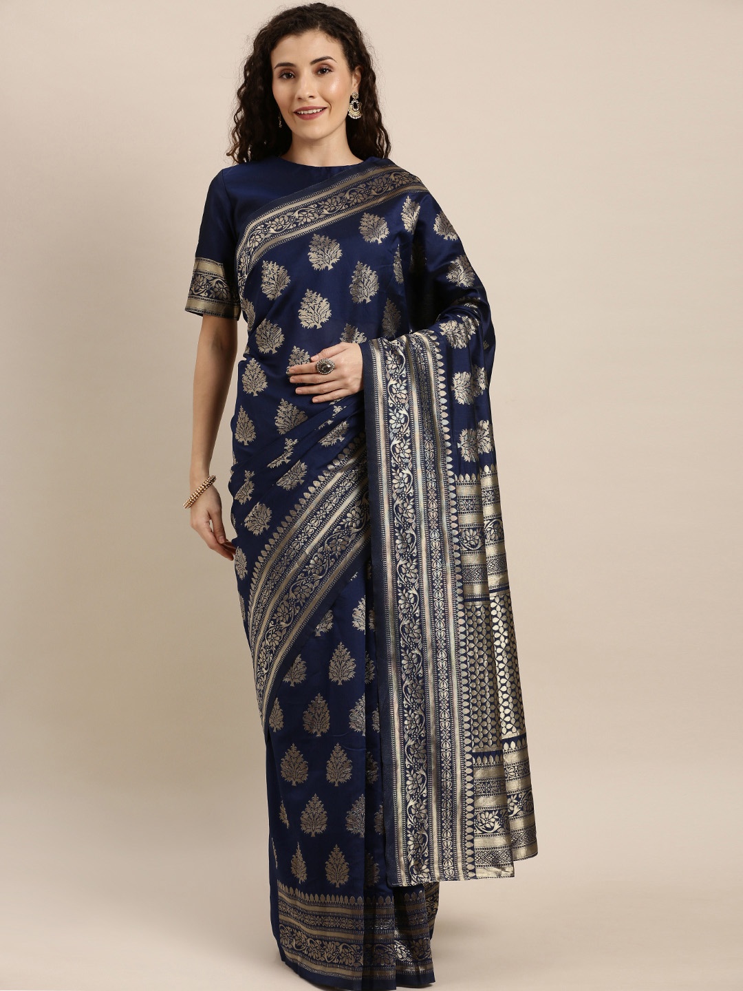 

Inddus Navy Blue & Silver-Toned Woven Design Silk Blend Saree