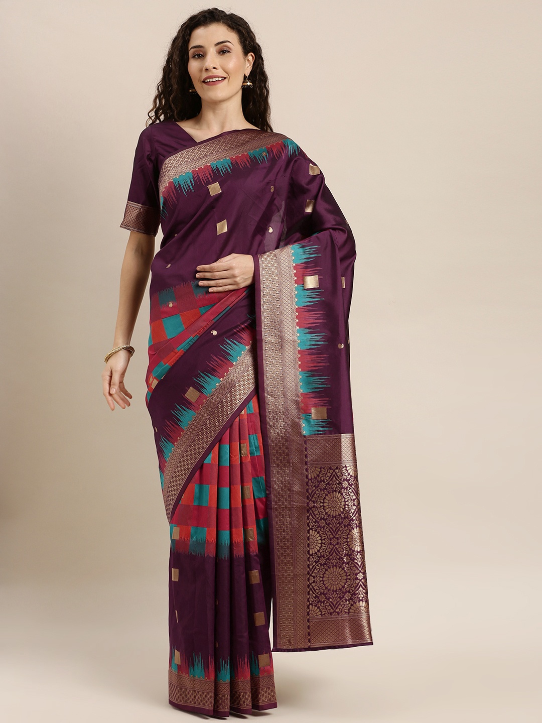 

Inddus Burgundy Checked Silk Blend Saree