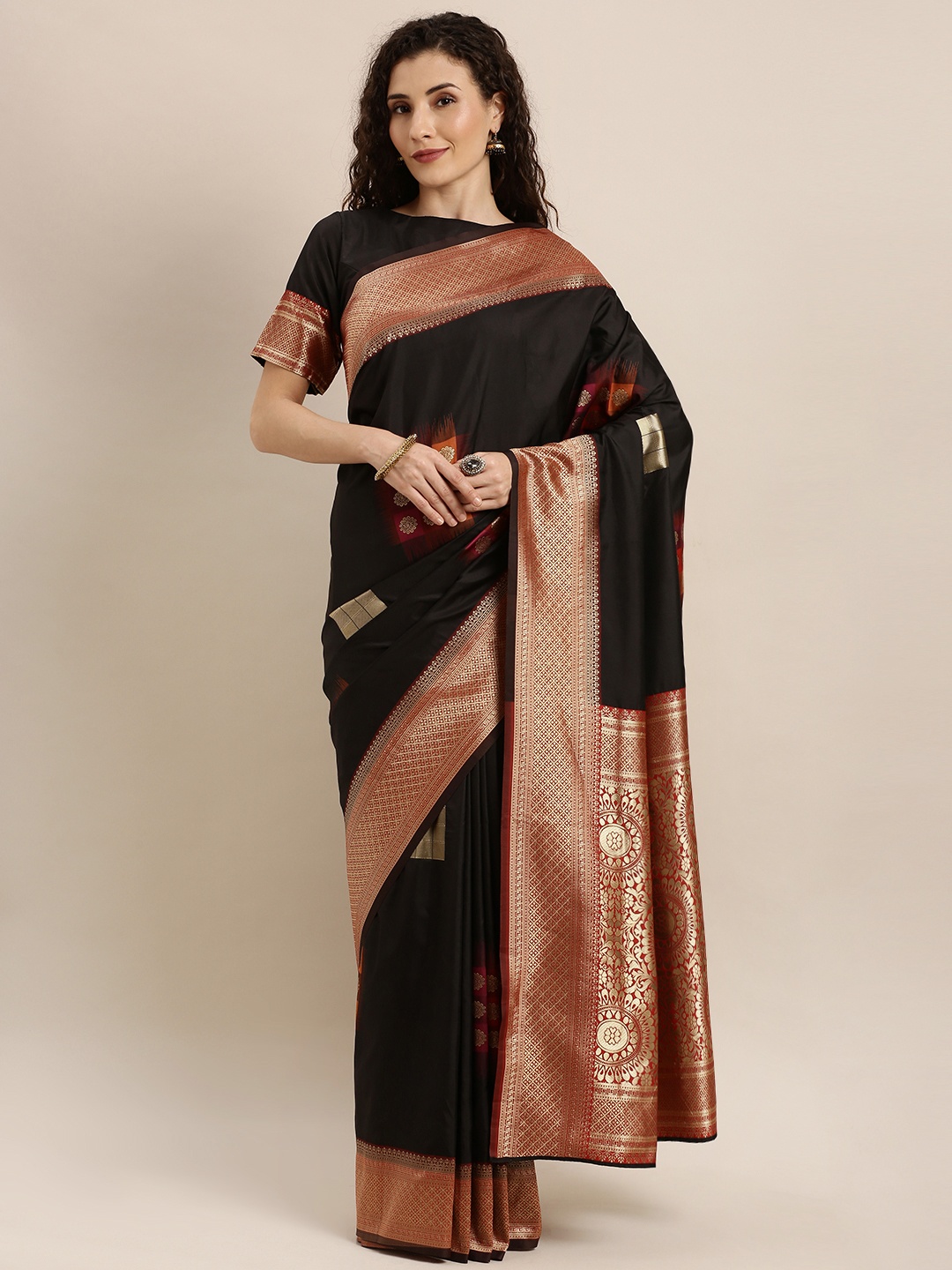 

Inddus Black & Red Silk Blend Woven Design Saree