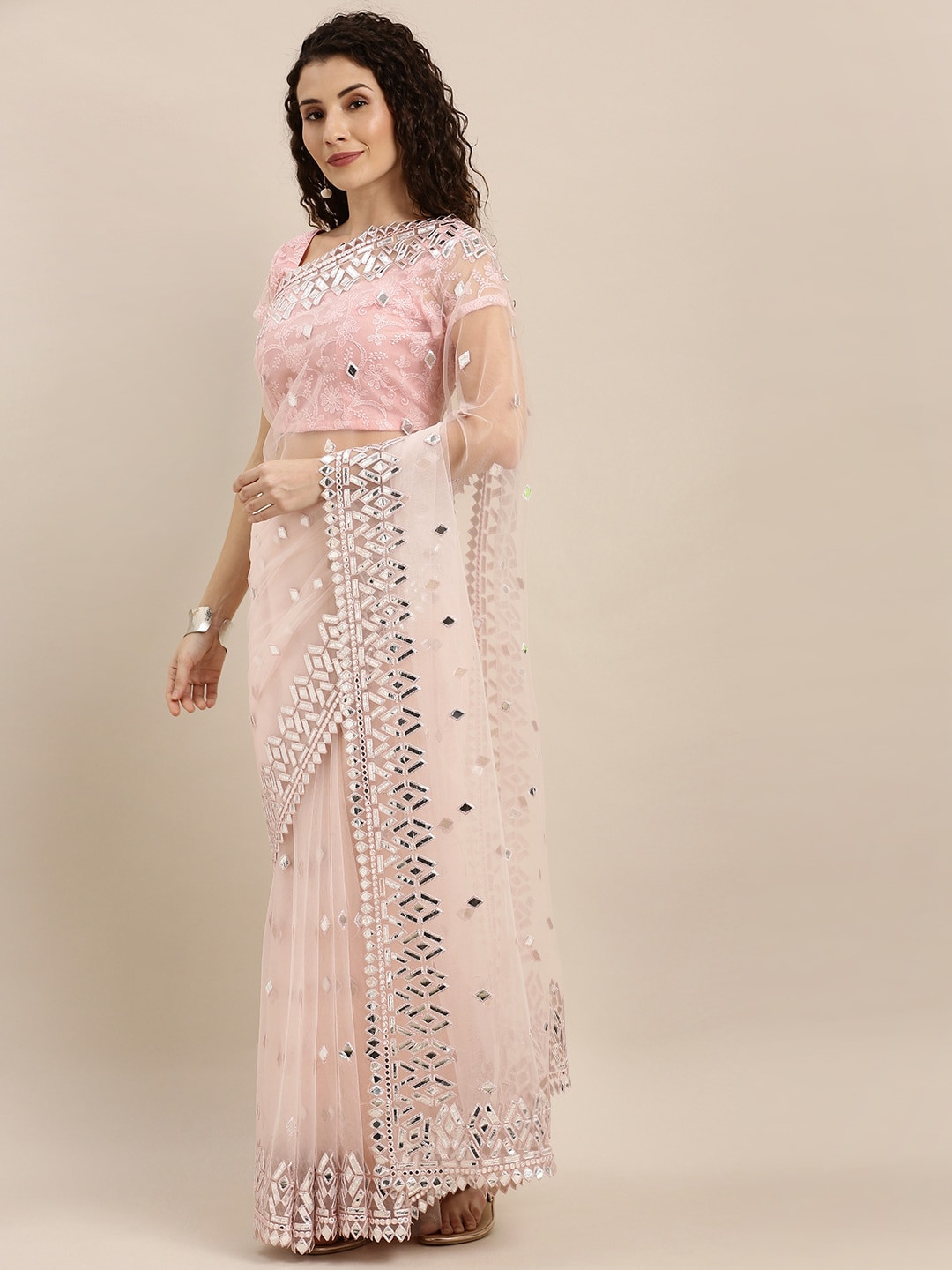 

Inddus Pink Net Embellished Sheer Saree