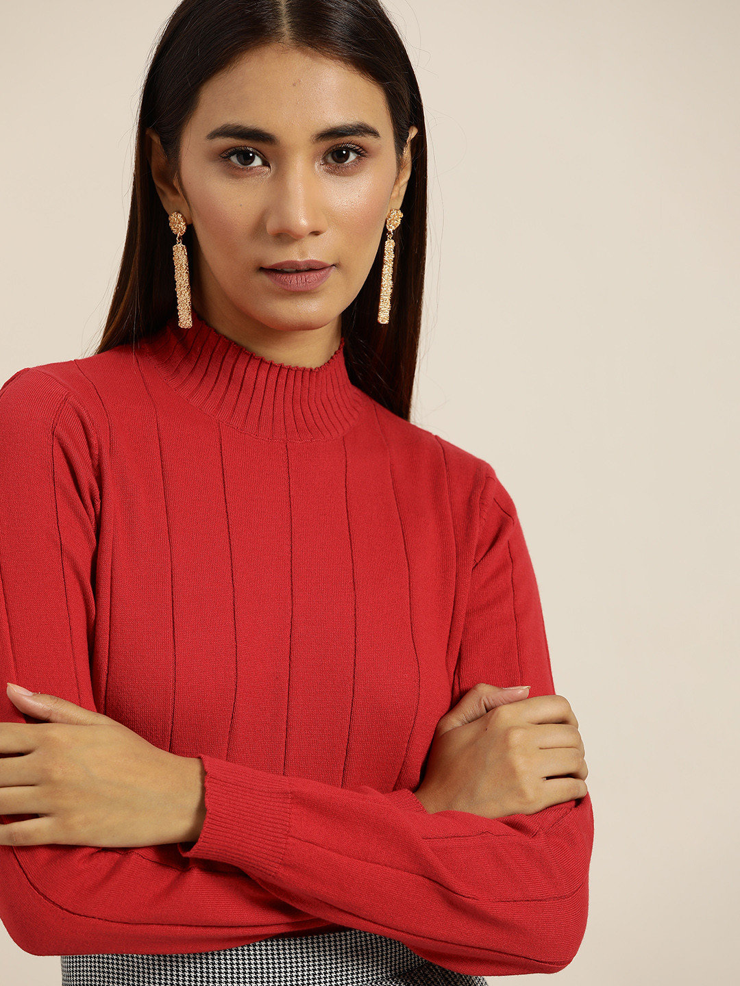 

her by invictus Women Coral Red Self Striped Pullover