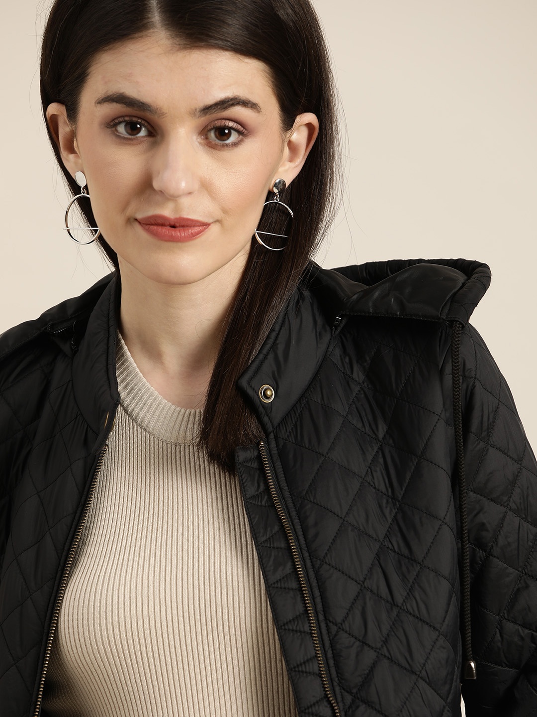 

her by invictus Women Black Solid Hooded Quilted Jacket