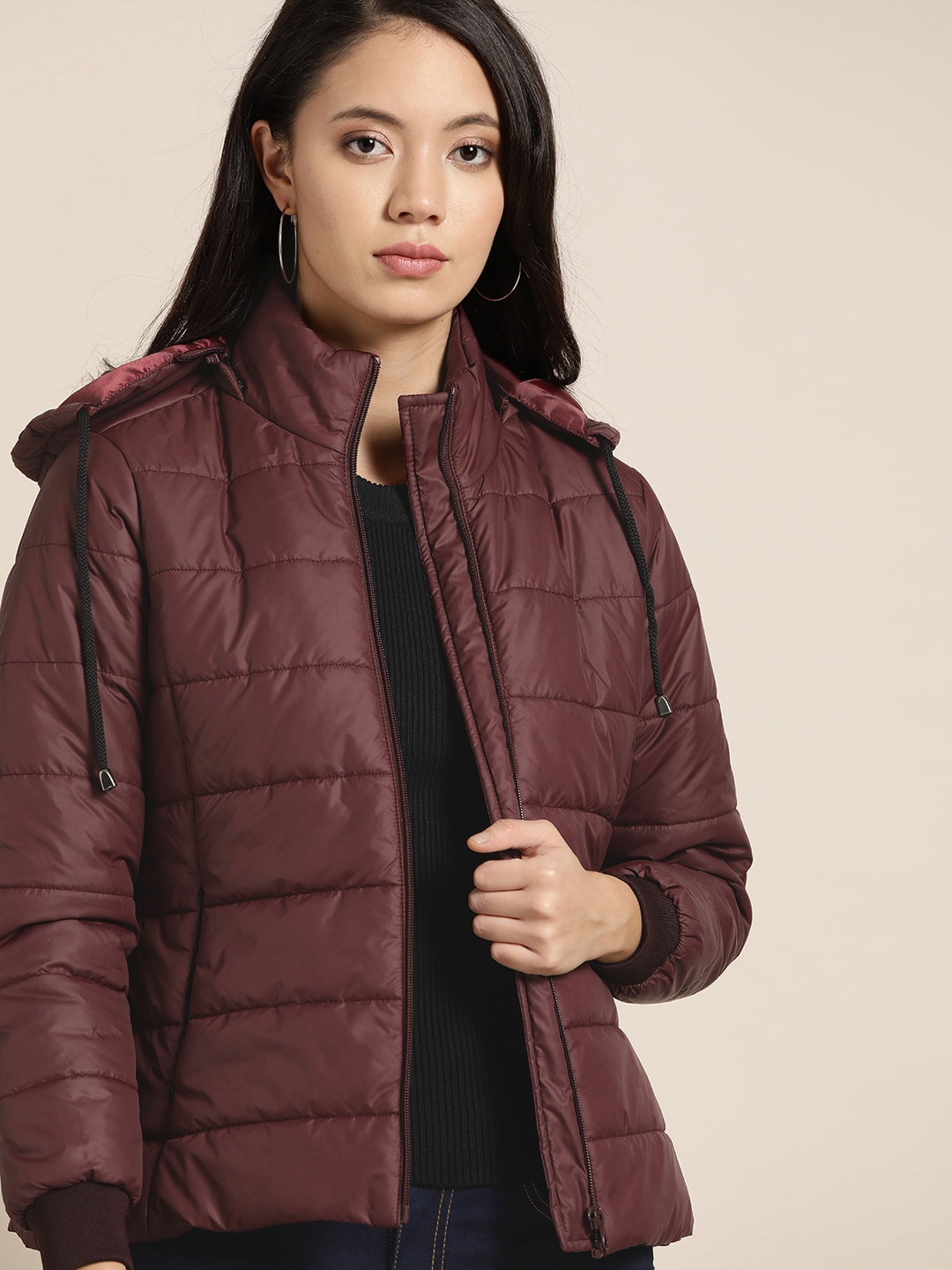 

her by invictus Women Burgundy Solid Detachable Hooded Padded Jacket