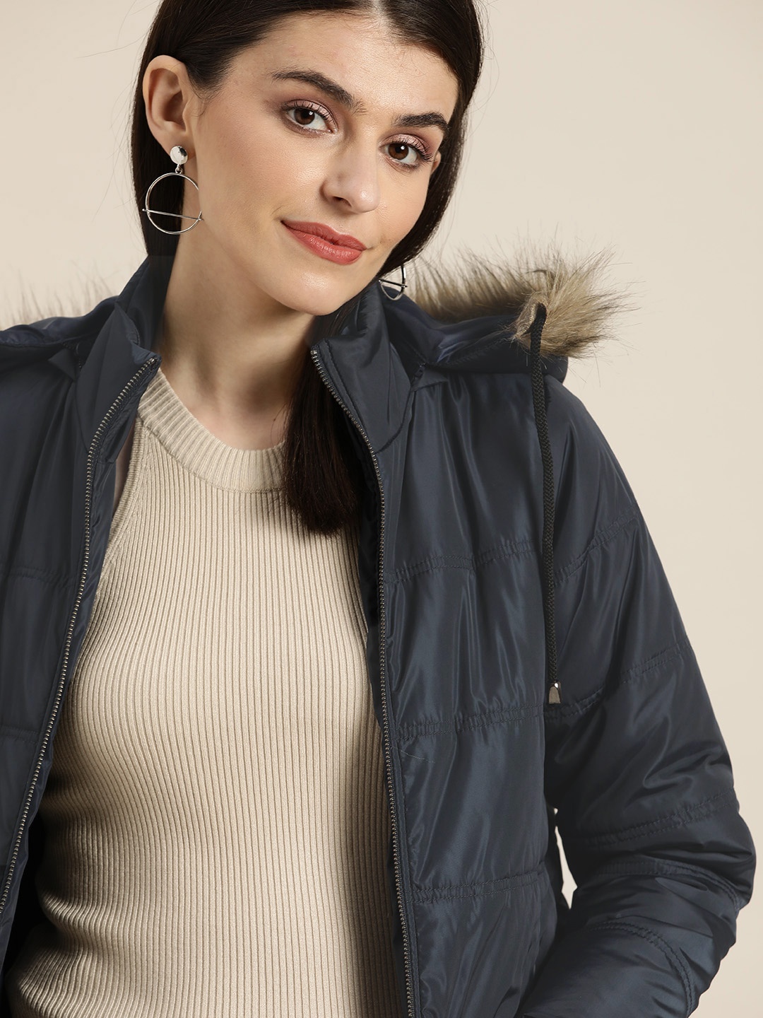 

her by invictus Women Navy Blue Solid Hooded Parka Jacket