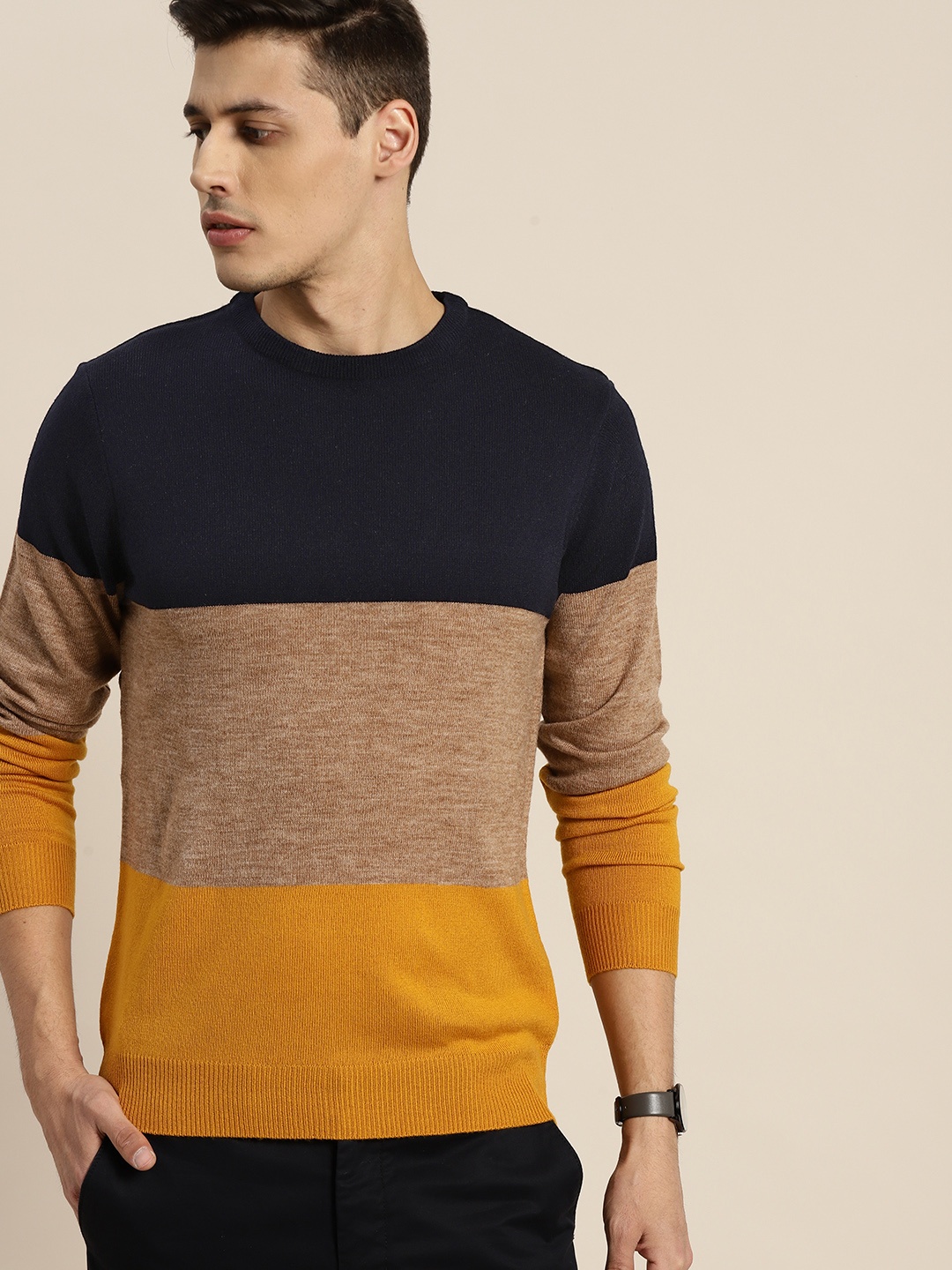 

INVICTUS Men Navy Blue & Beige Colourbocked Pullover