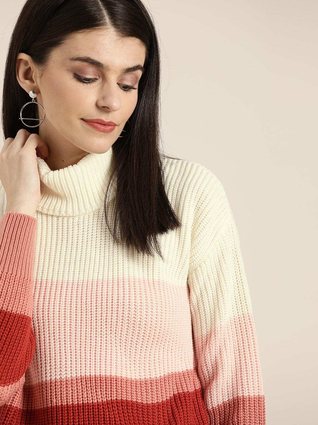 

INVICTUS Women Off-White & Pink Colourblocked Turtle Neck Pullover