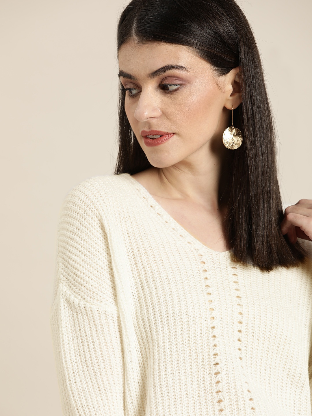

her by invictus Women White Self Design Acrylic Sweater