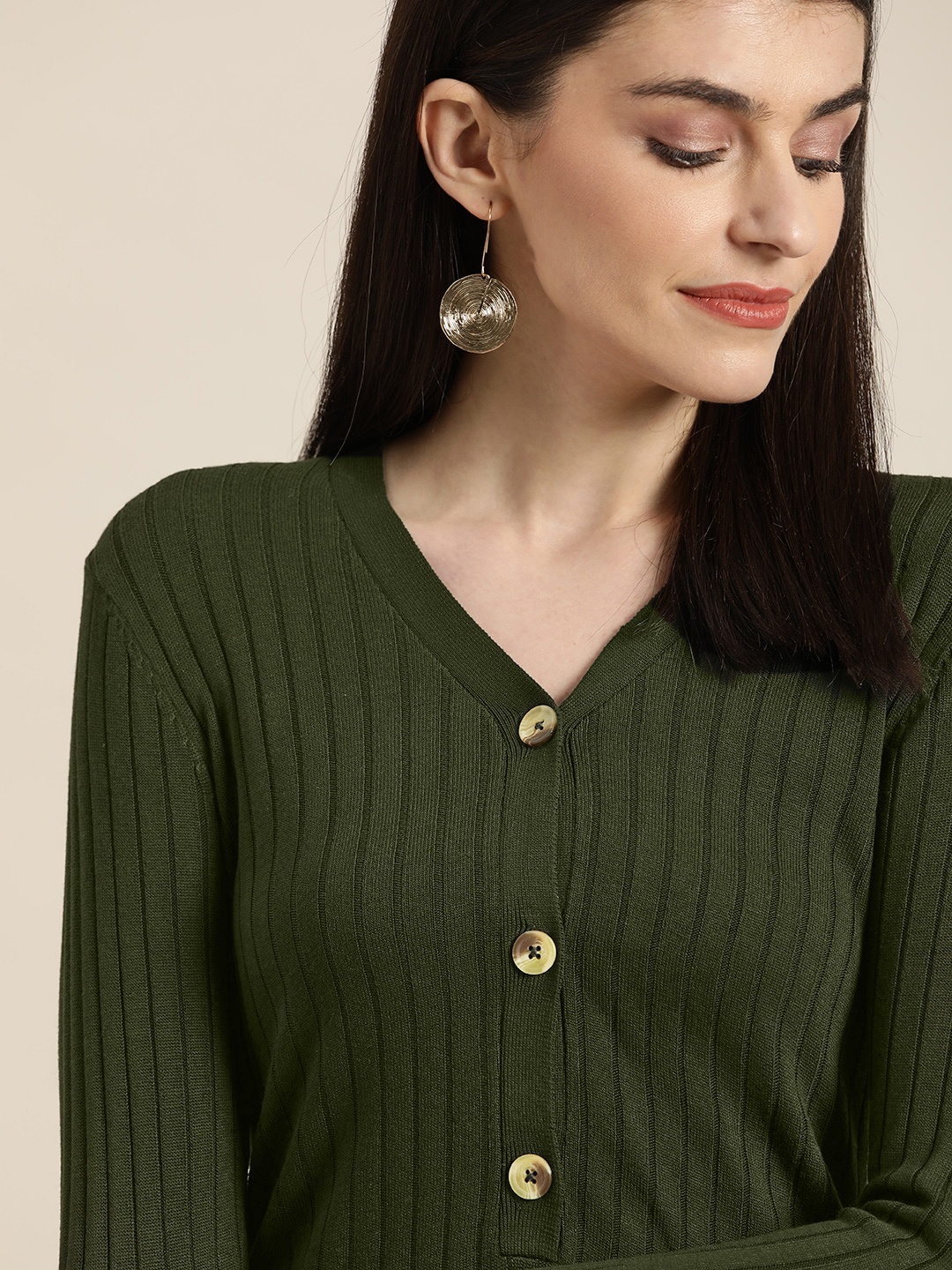 

her by invictus Women Olive Green Ribbed Cardigan Sweater