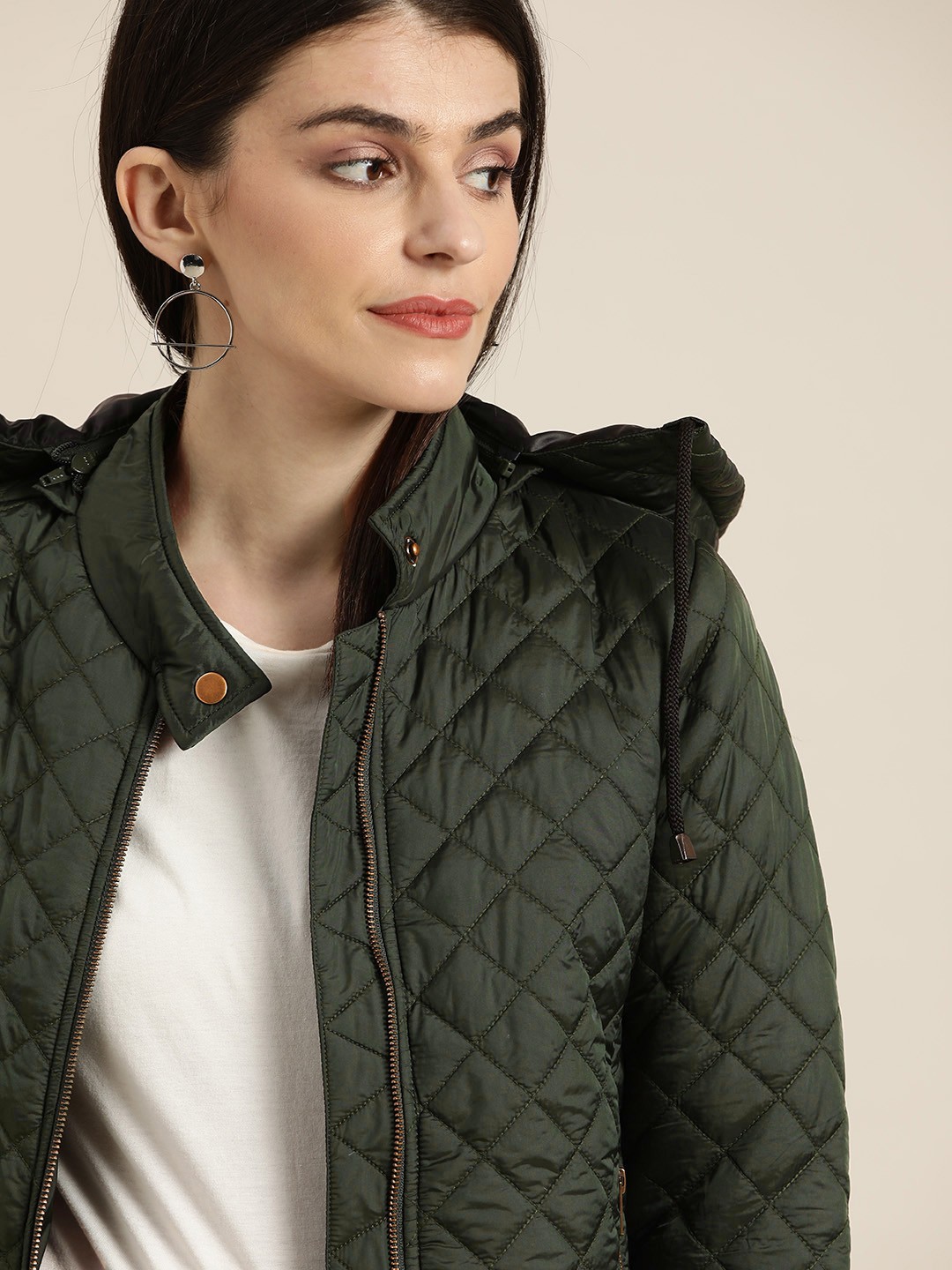 

her by invictus Women Olive Green Solid Hooded Quilted Jacket