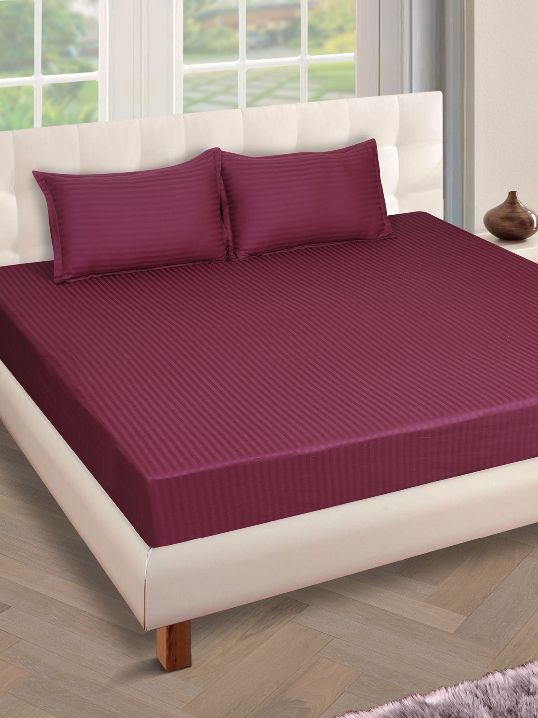 

ROMEE Burgundy Striped 250 TC Cotton 1 King Bedsheet with 2 Pillow Covers