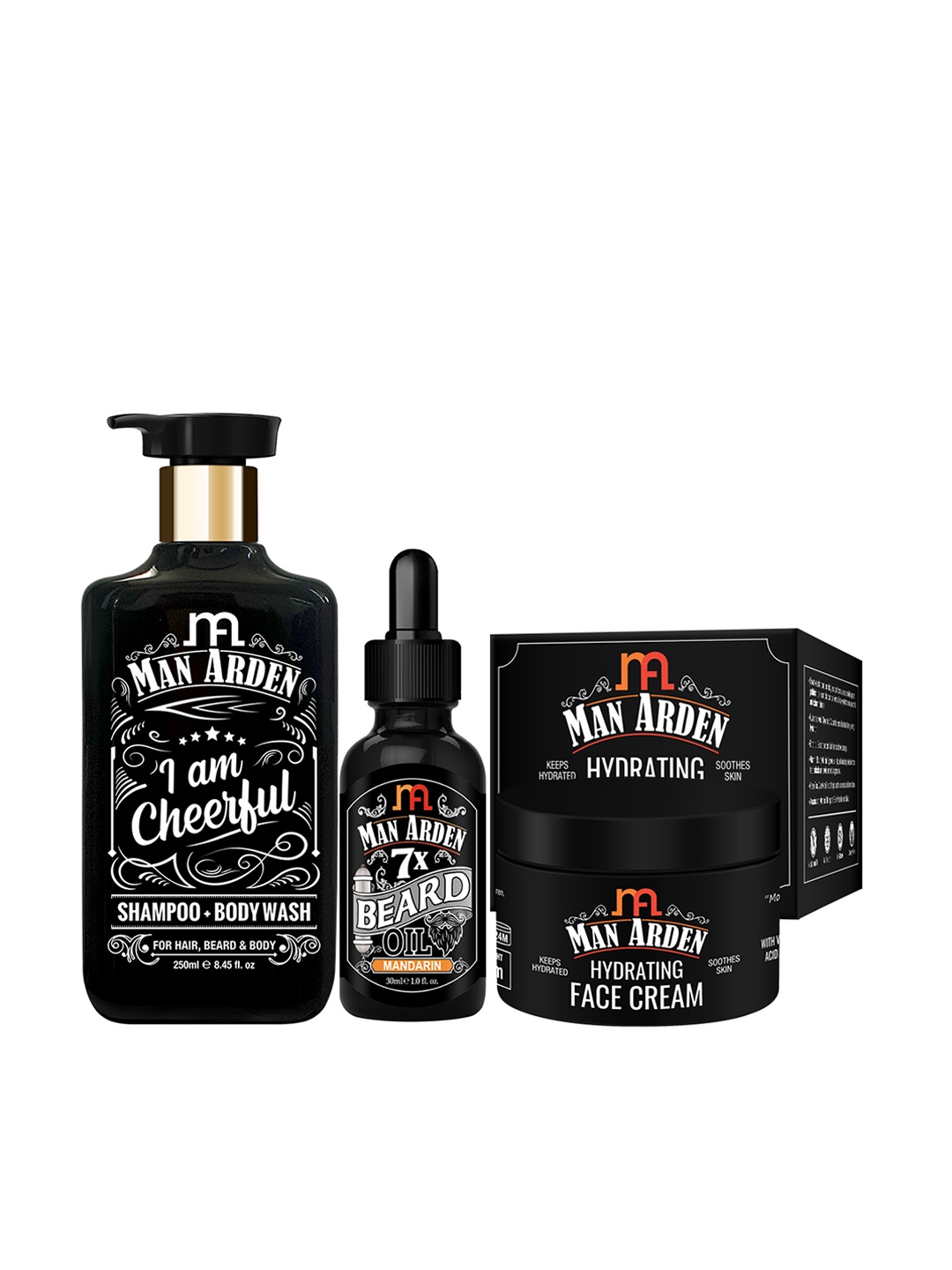 

Man Arden Set of 3 Body Wash + Beard Oil + Hydrating Face Cream, Black