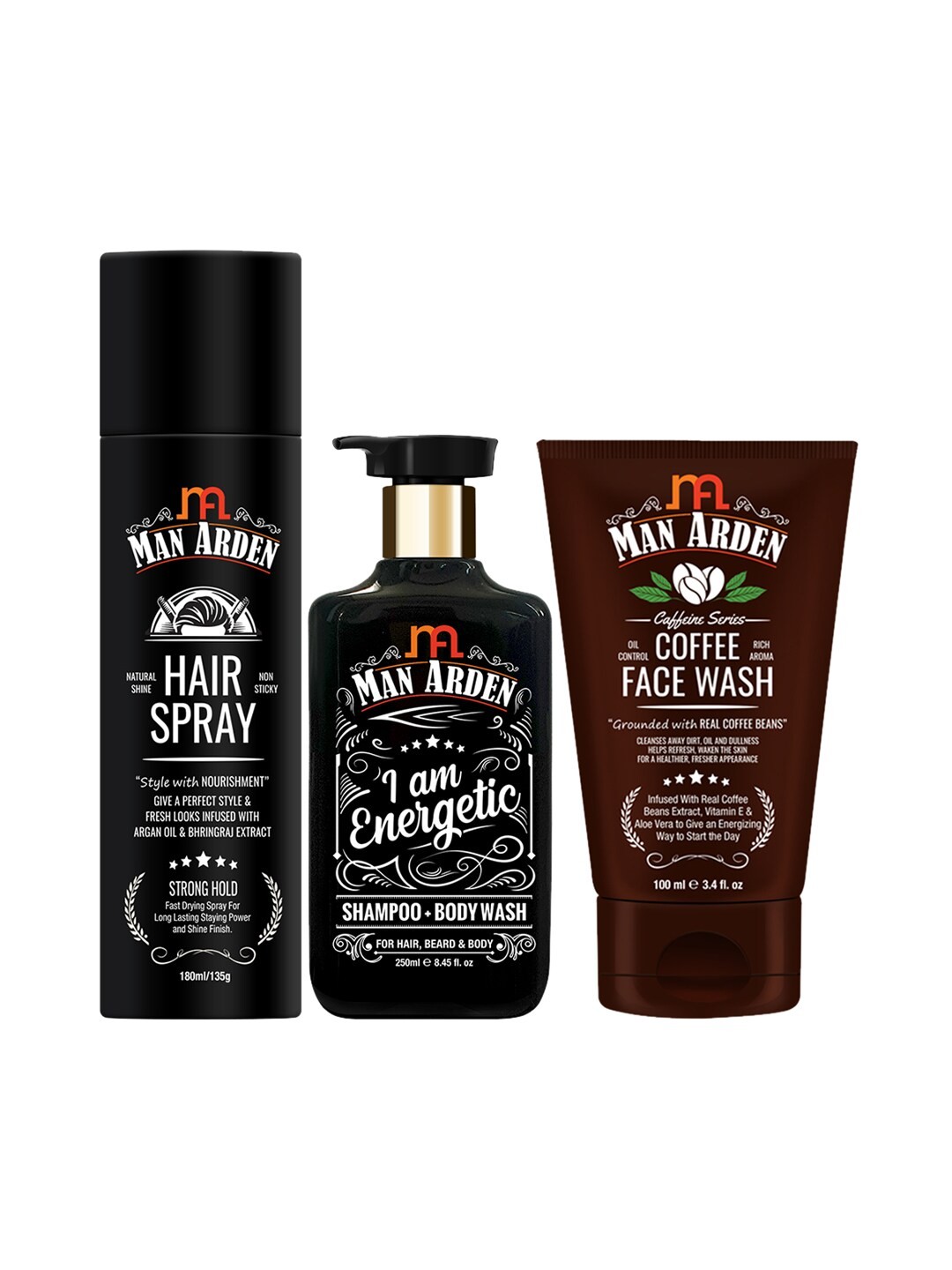 

Man Arden Set of 3 Hair Spray + Shampoo - Body Wash + Recharge Coffee Face Wash 480 ml, Black