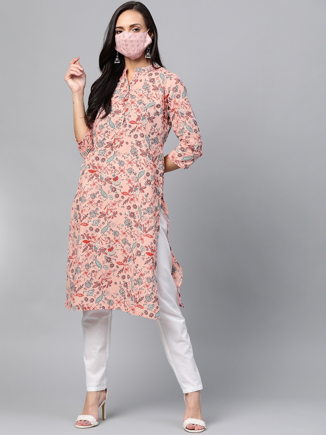 

HERE&NOW Women Pink Green Printed Straight Kurta