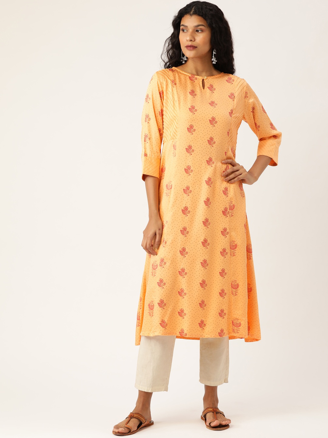 

Moda Rapido Women Coral Orange & Pink Floral Printed A-Line Kurta