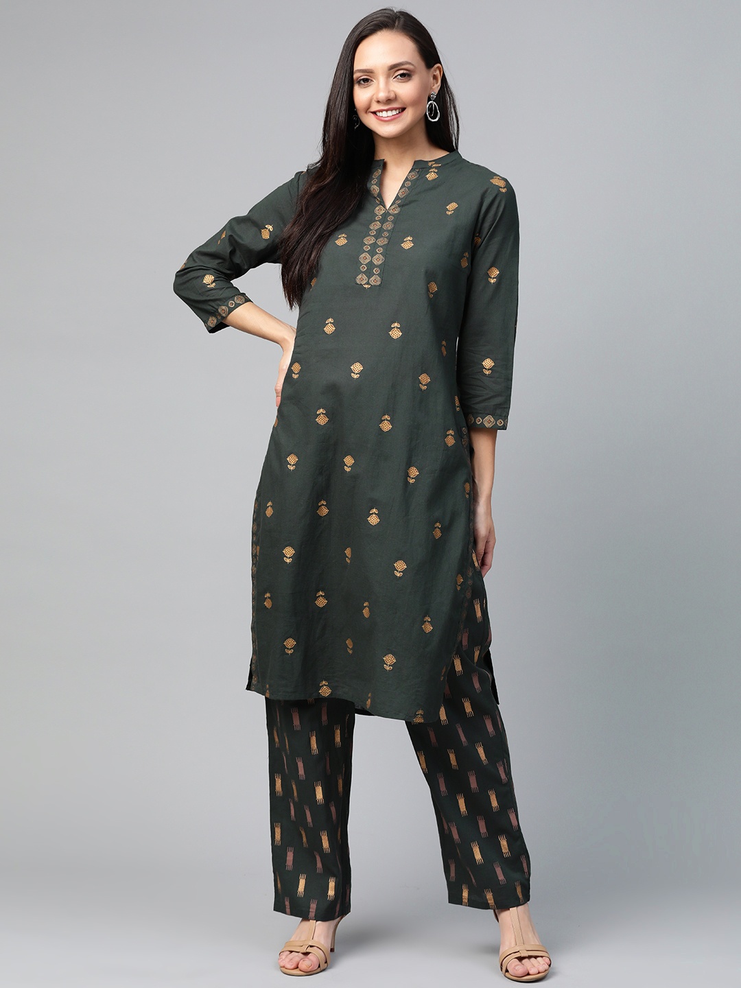 

HERE&NOW Women Green & Brown Printed Kurta with Palazzos