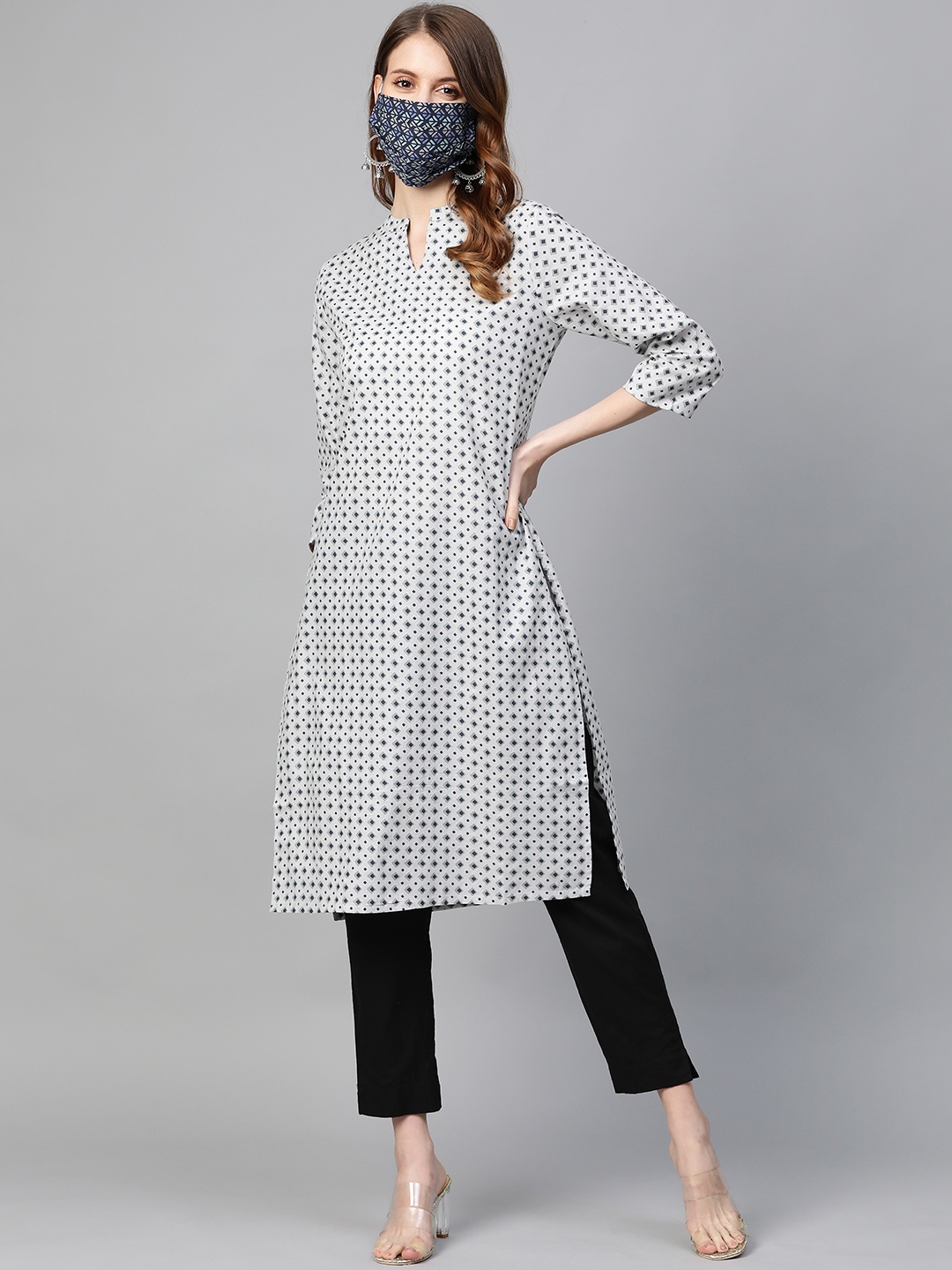 

HERE&NOW Women Grey & Navy Blue Printed Straight Kurta