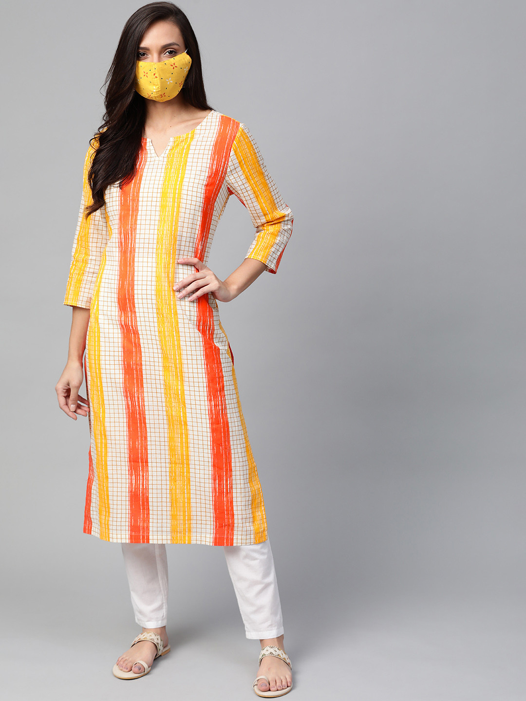 

HERE&NOW Women Yellow & Orange Striped Straight Kurta