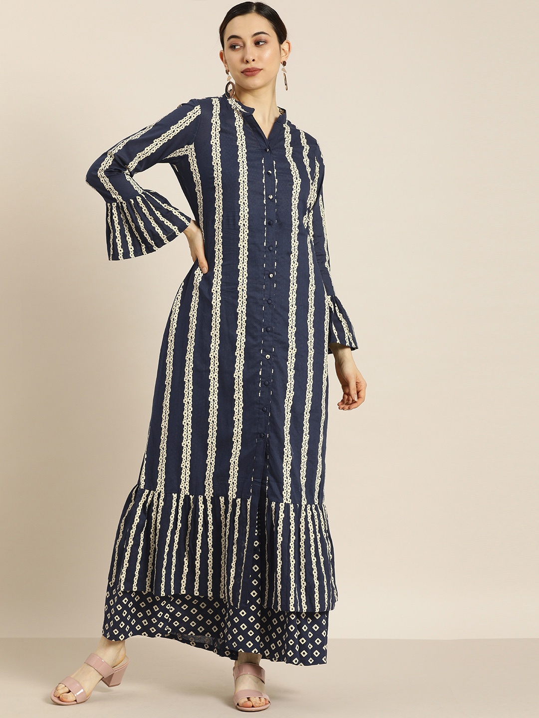 

Moda Rapido Women Navy Blue & Off White Striped Bell Sleeves Layered Kurta