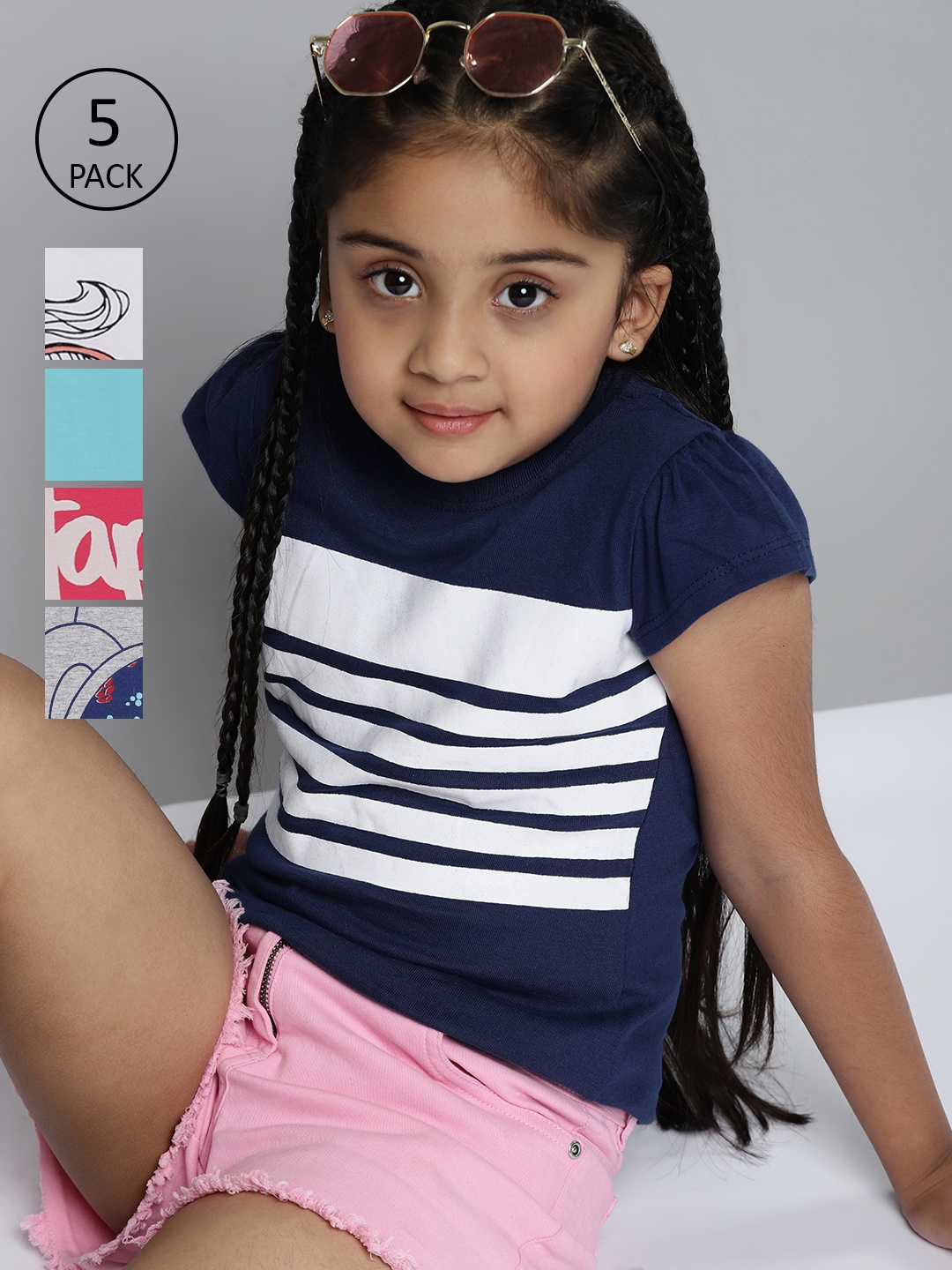 

YK Basics Girls Pack Of 5 Printed Round Neck Pure Cotton T-shirts, Grey