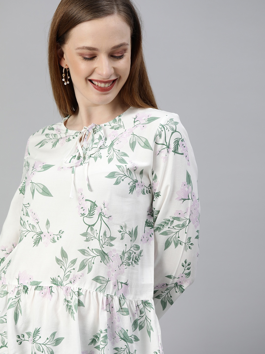 

HERE&NOW Women White & Green Floral Printed Regular Top with Gathered Detail