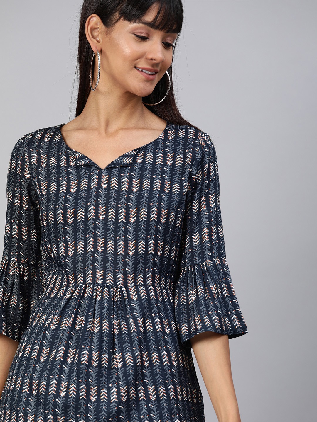 

HERE&NOW Women Navy Blue & Grey Floral Printed Gathered Top