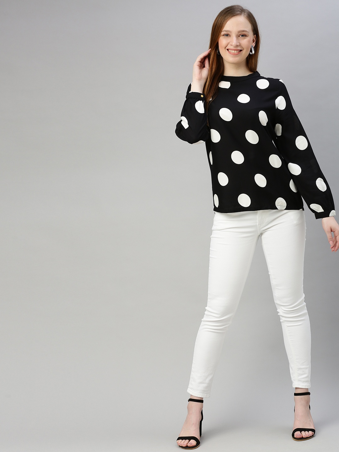 

HERE&NOW Women Black & White Polka Dots Printed Top With Cuffed Sleeves