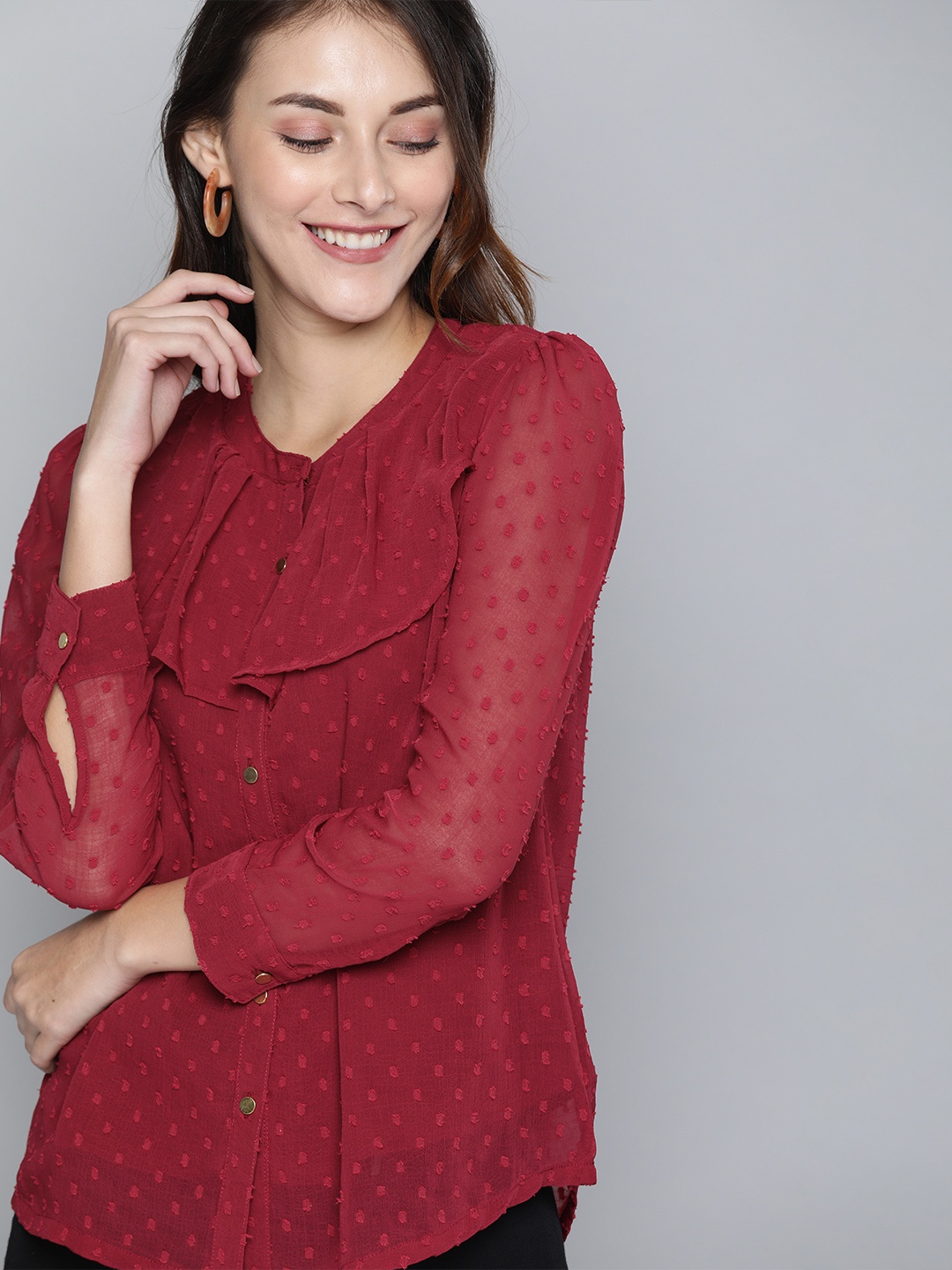 

HERE&NOW Maroon Self Design Dobby Weave Shirt Style Top
