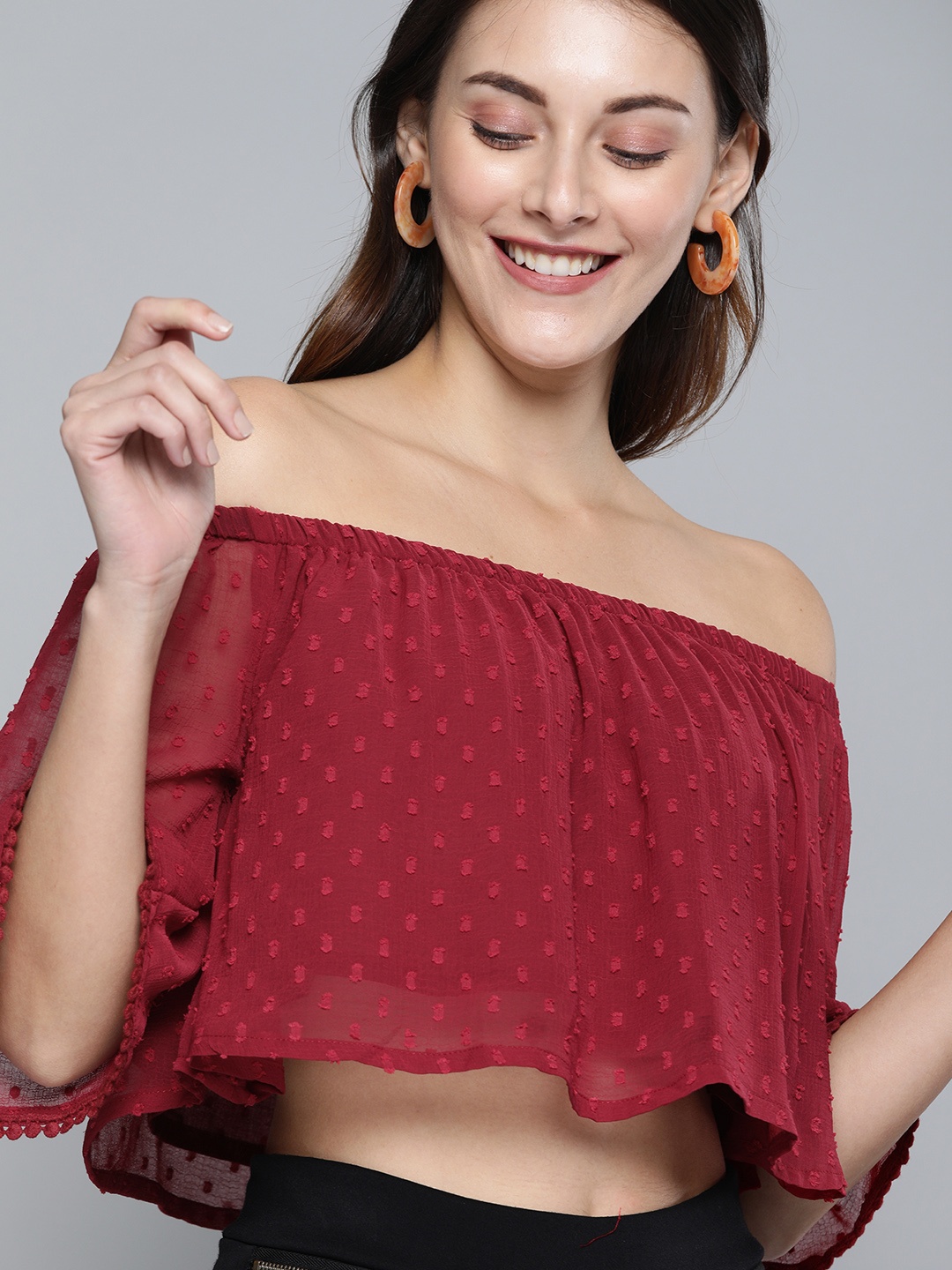 

HERE&NOW Women Maroon Self Design Dobby Weave Cropped Bardot Top