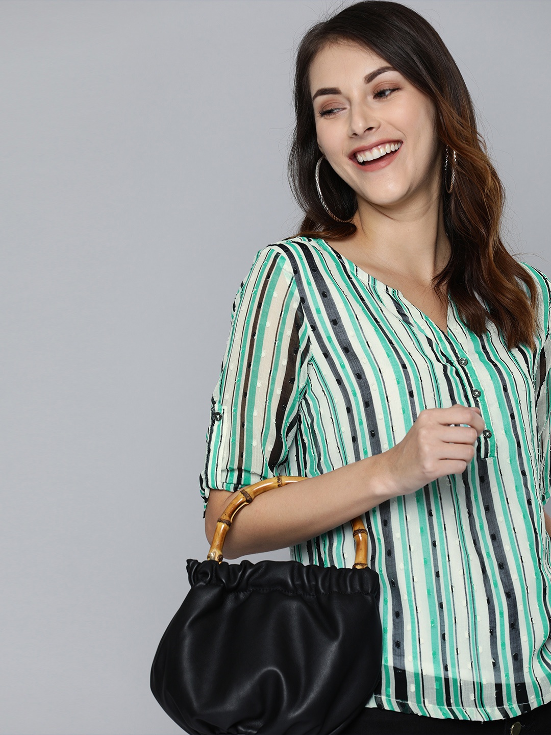 

HERE&NOW Women White & Green Striped Top With Roll-Up Sleeves