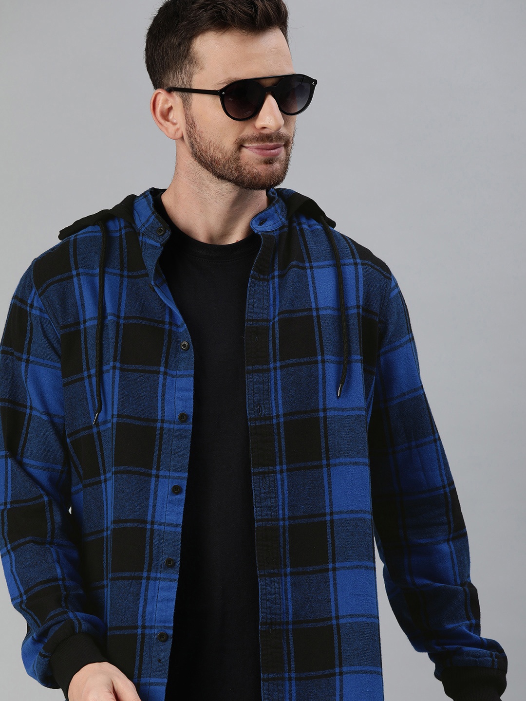 

HERE&NOW Men Blue & Black Slim Fit Checked Hooded Sustainable Casual Shirt