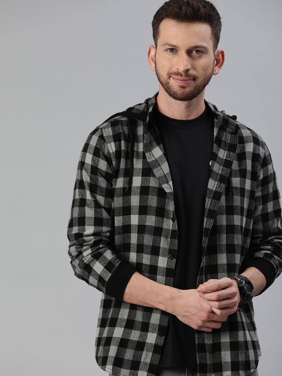 

HERE&NOW Men Grey & Black Regular Fit Checked Hood Casual Shirt