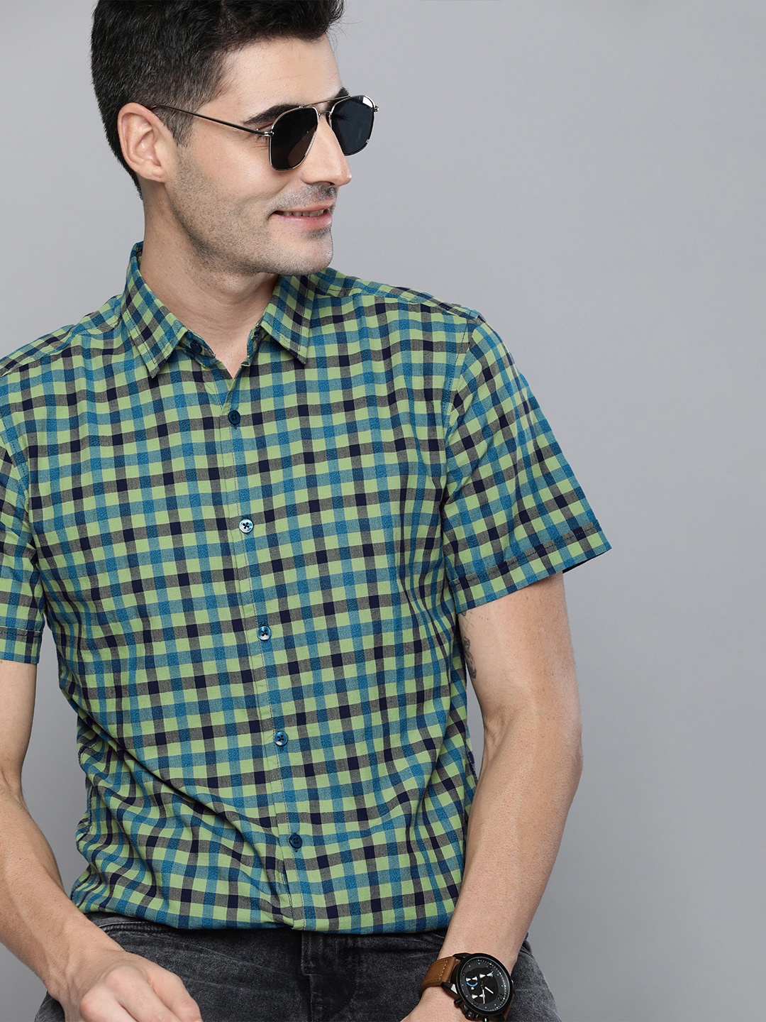 

HERE&NOW Men Green & Blue Slim Fit Checked Casual Shirt