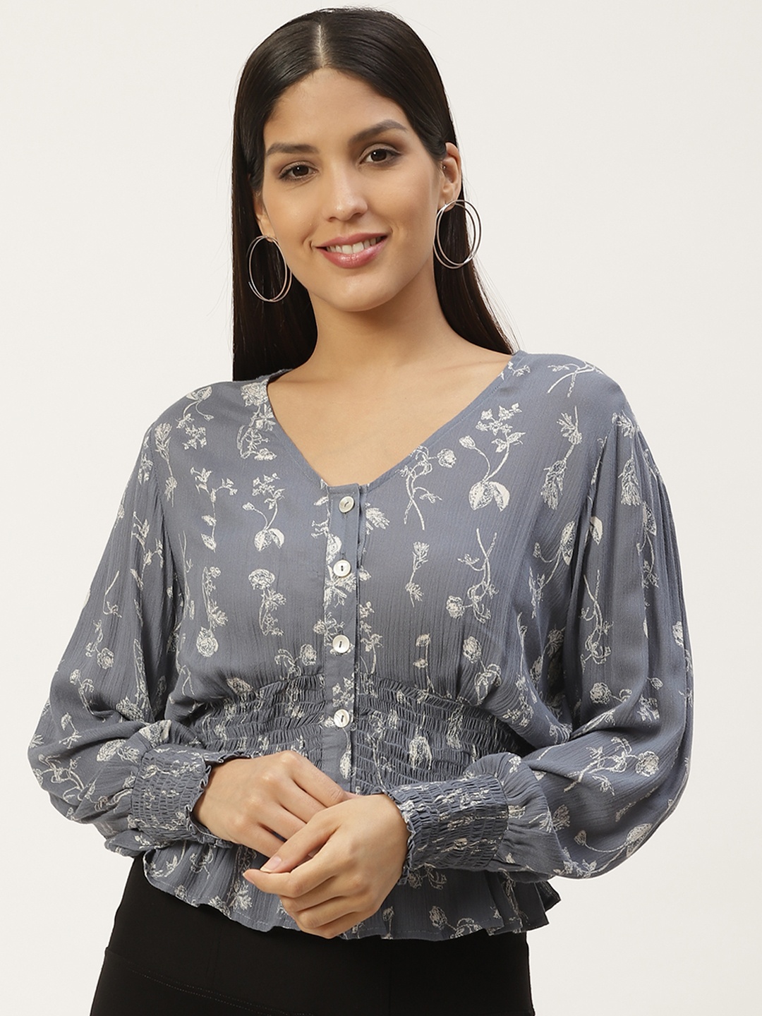 

WoowZerz Women Grey & White Floral Print Cinched Waist Top