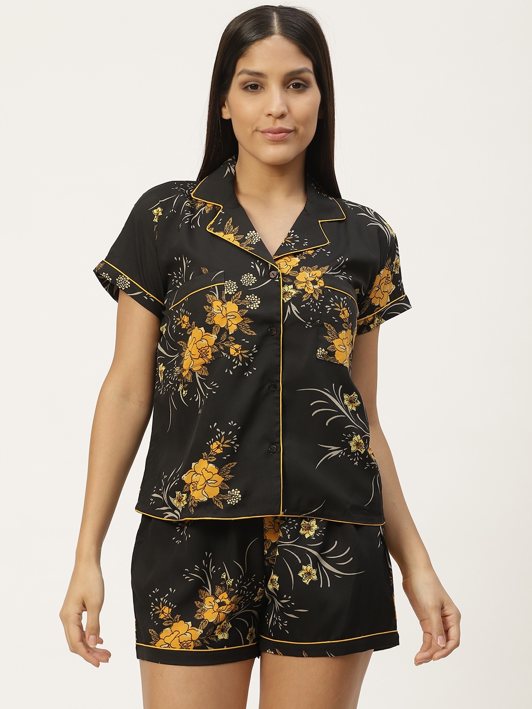 

WoowZerz Women Black & Mustard Yellow Slim Fit Floral Printed Night Suit