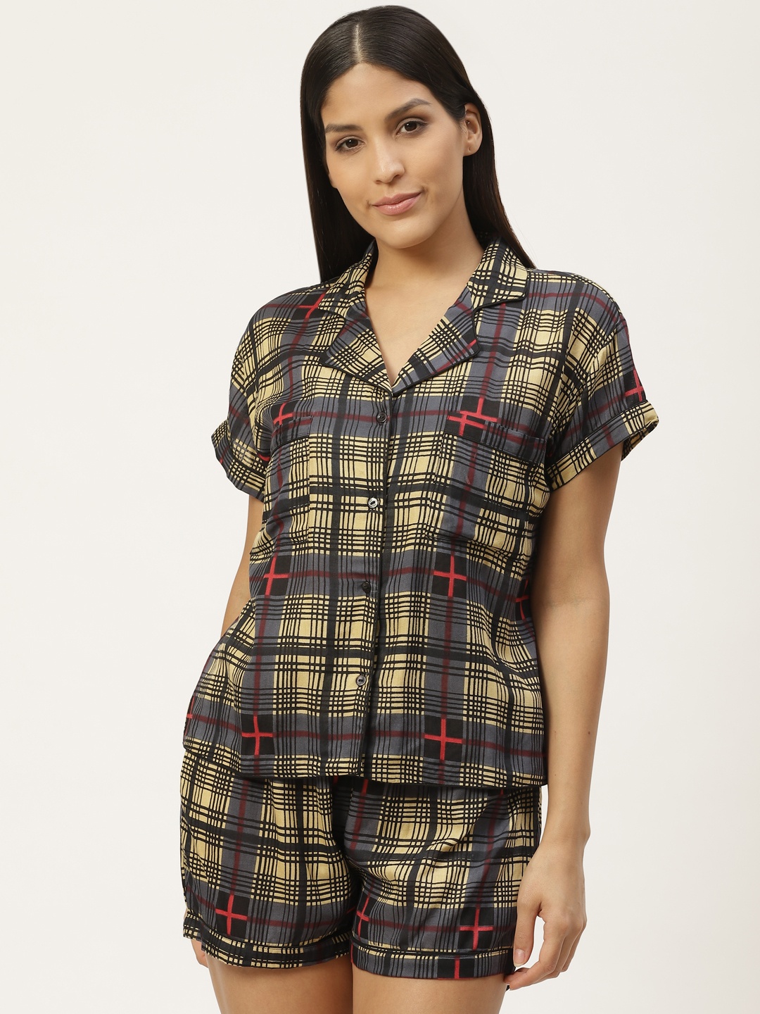 

WoowZerz Women Beige & Charcoal Checked Night suit