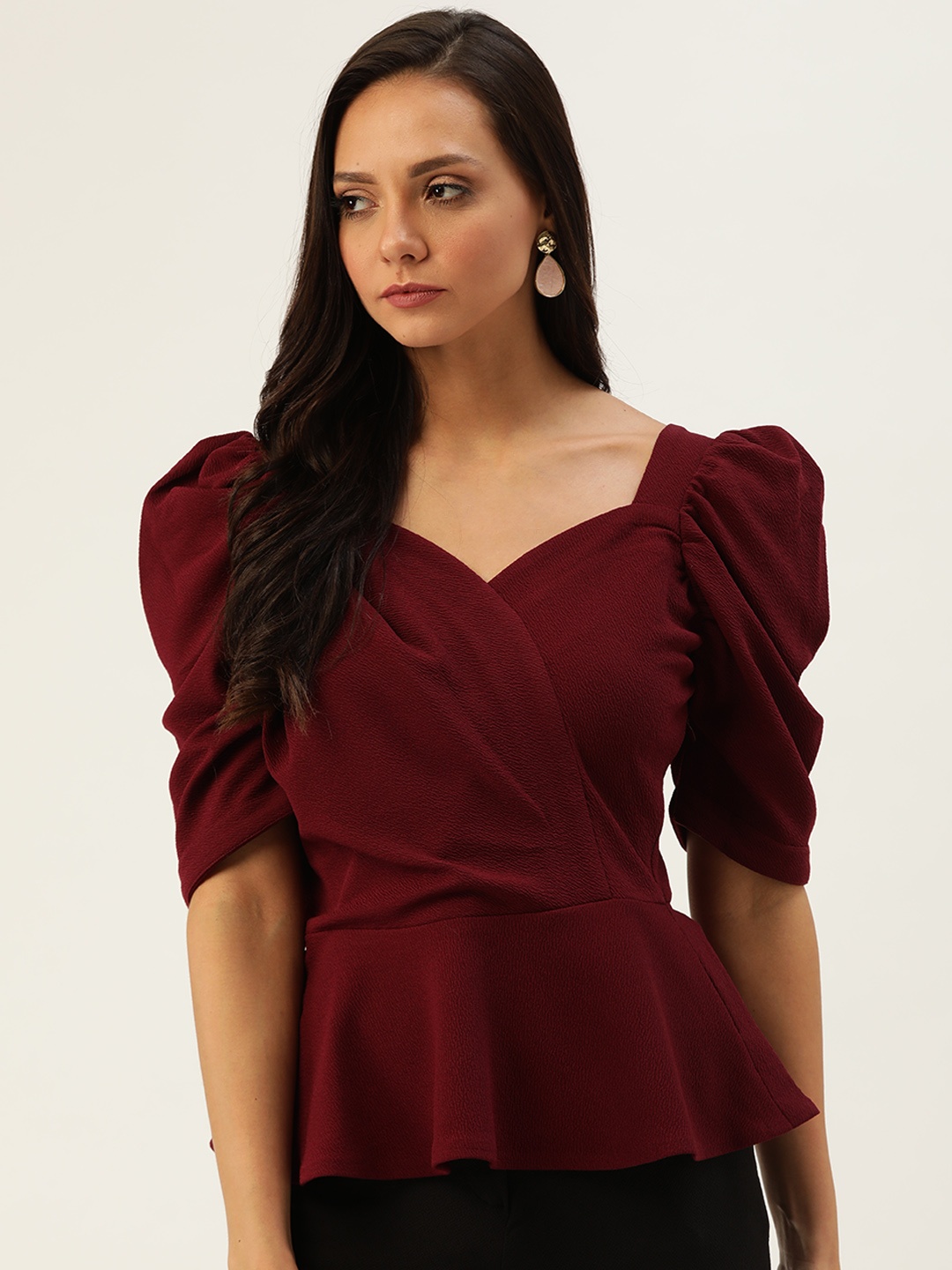 

WoowZerz Burgundy Wrap Peplum Top