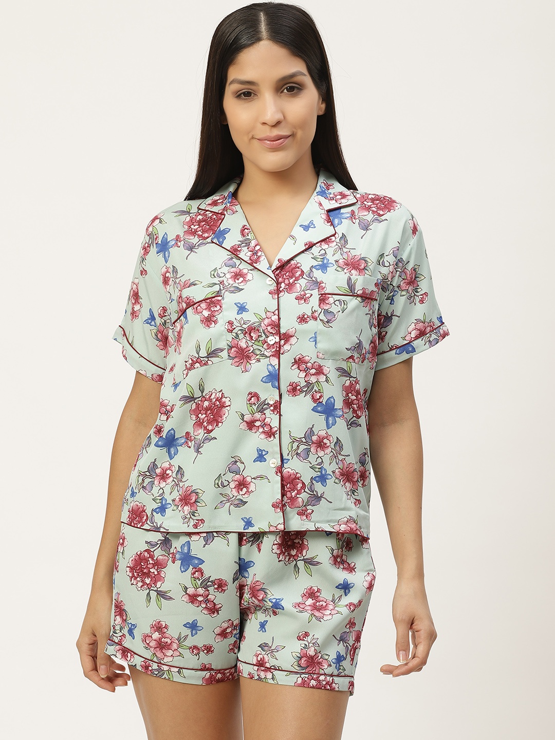

WoowZerz Women Green & Maroon Slim Fit Floral Print Night suit