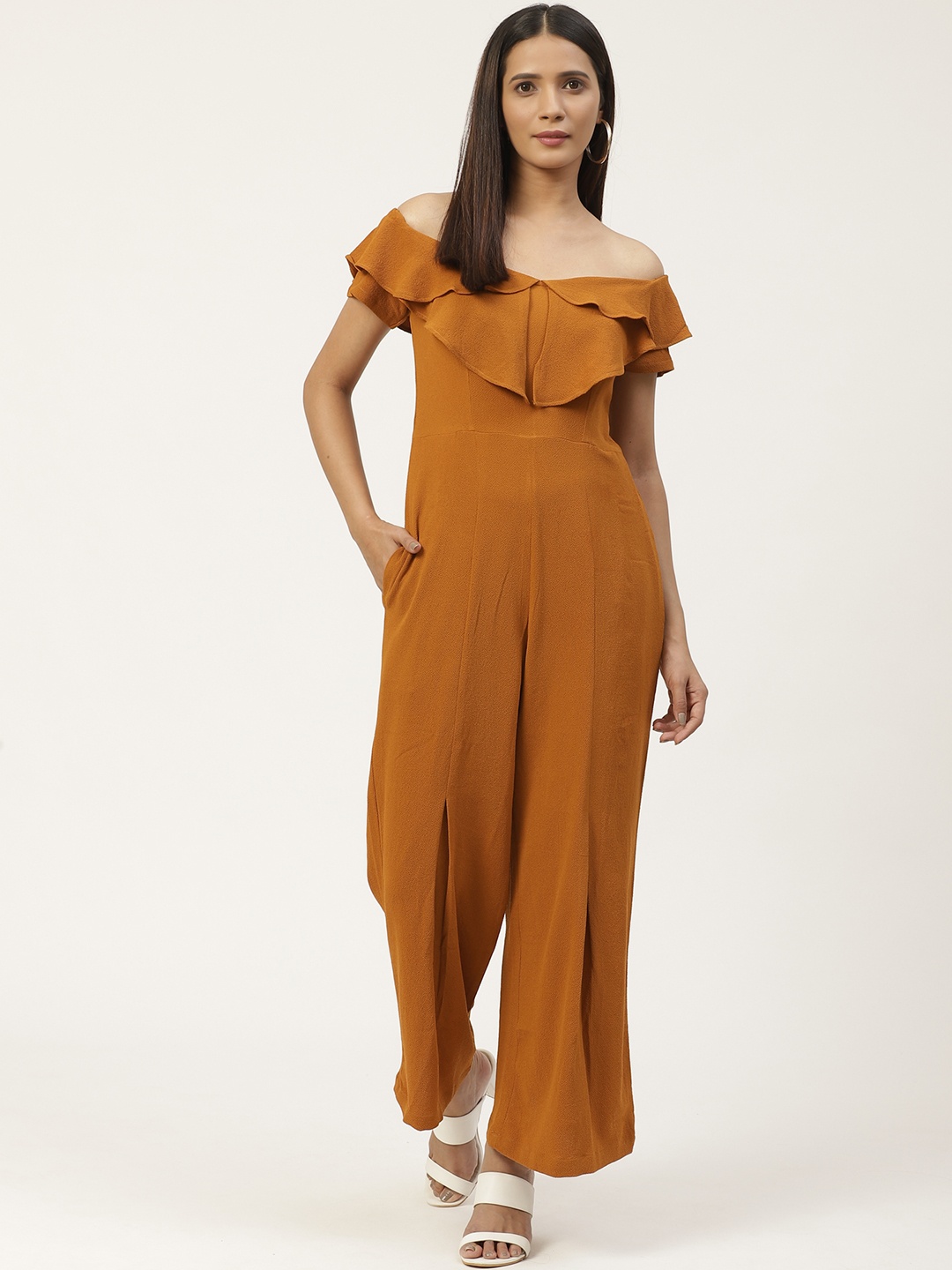 

WoowZerz Women Mustard Yellow Solid Off-Shoulder Basic Jumpsuit