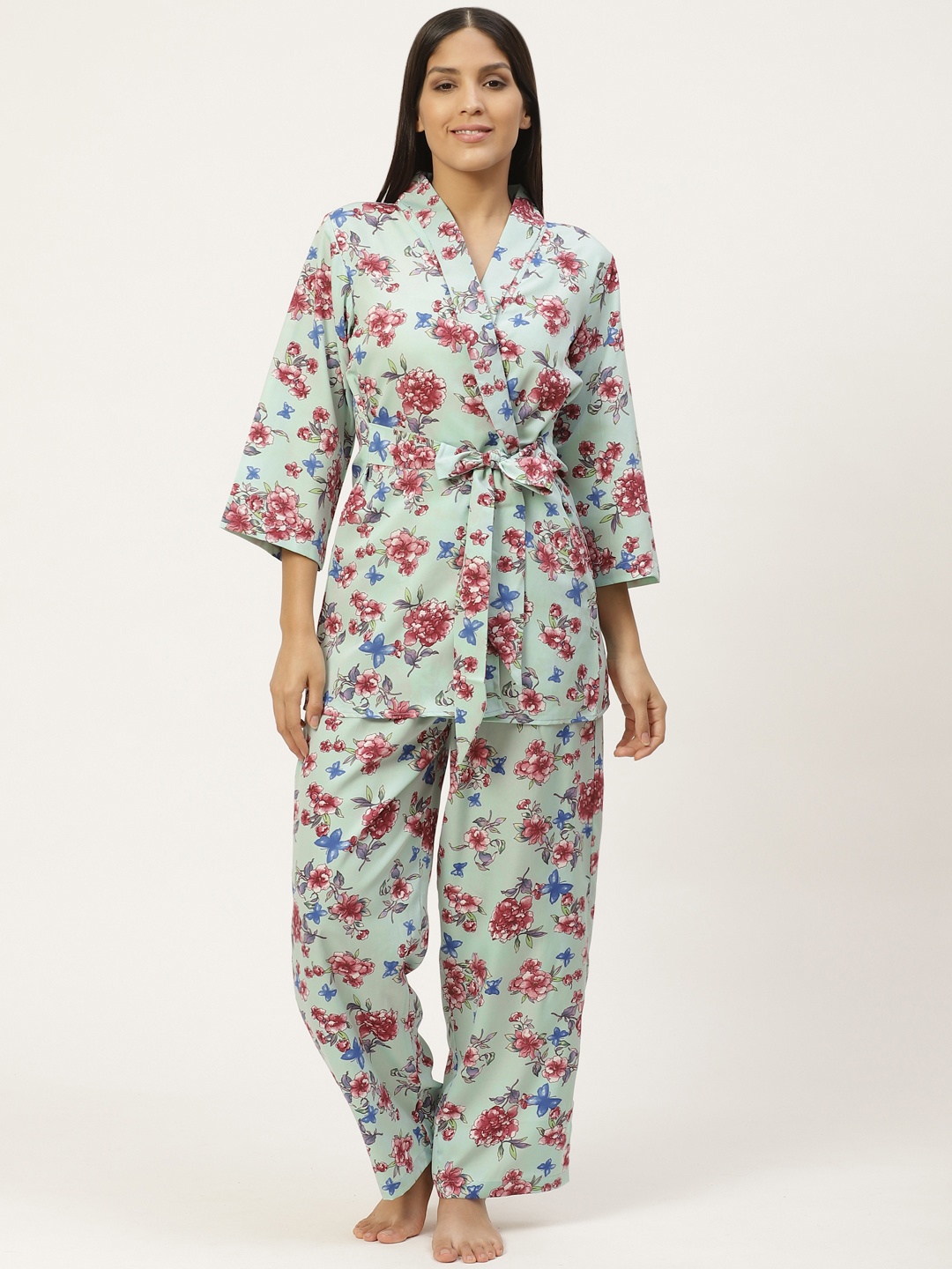 

WoowZerz Women Green & Maroon Slim Fit Floral Print Robe-Style Night Suit