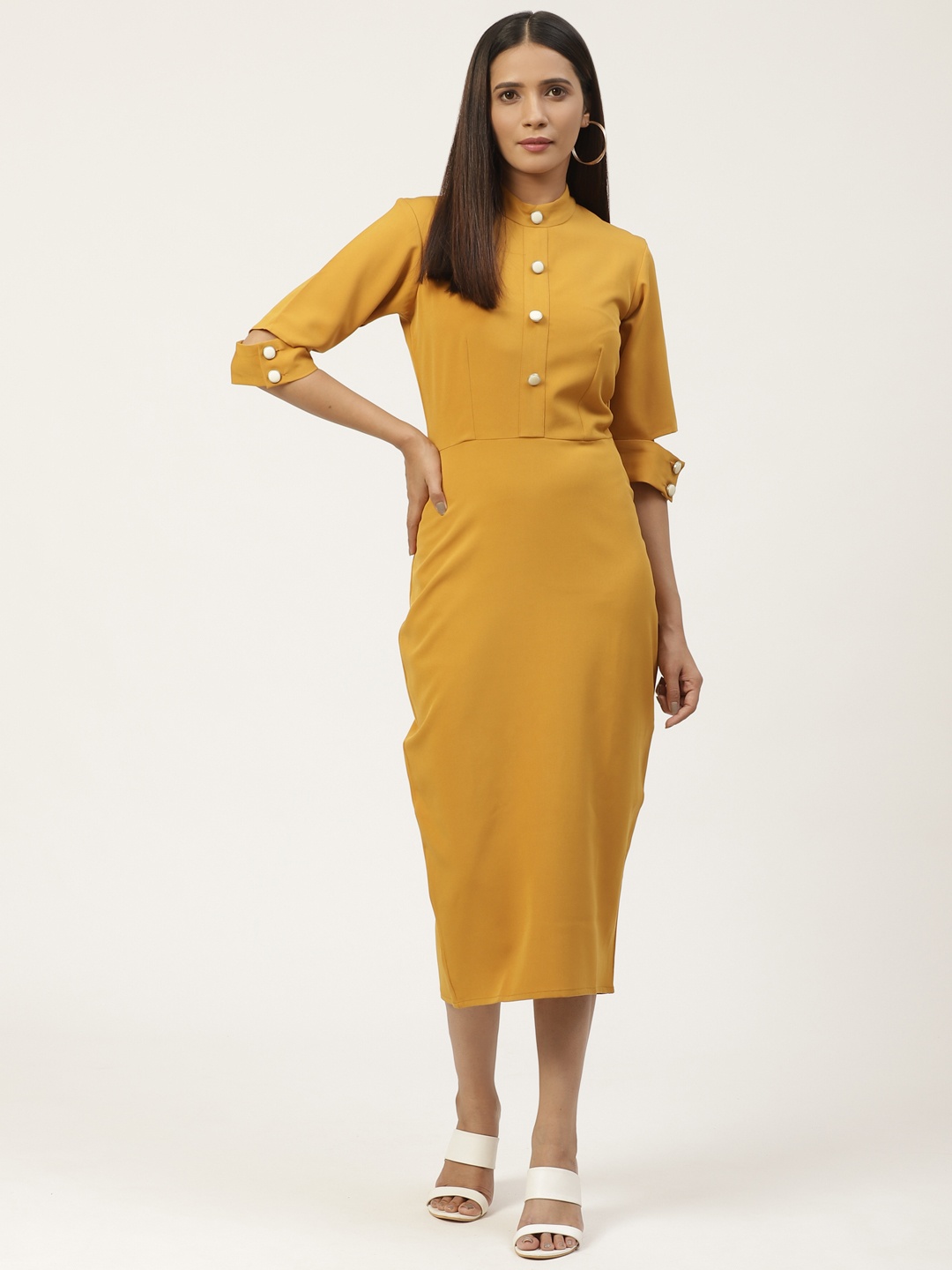 

WoowZerz Women Mustard Yellow Solid Sheath Dress