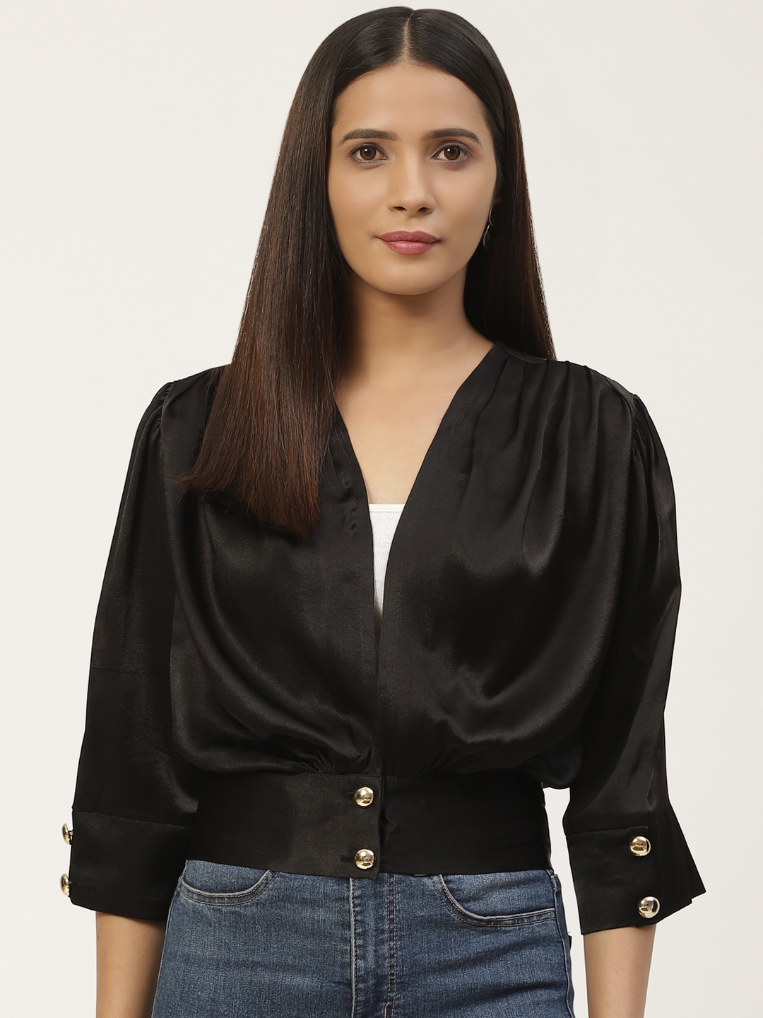 

WoowZerz Women Black Solid Blouson Top With Satin Finish