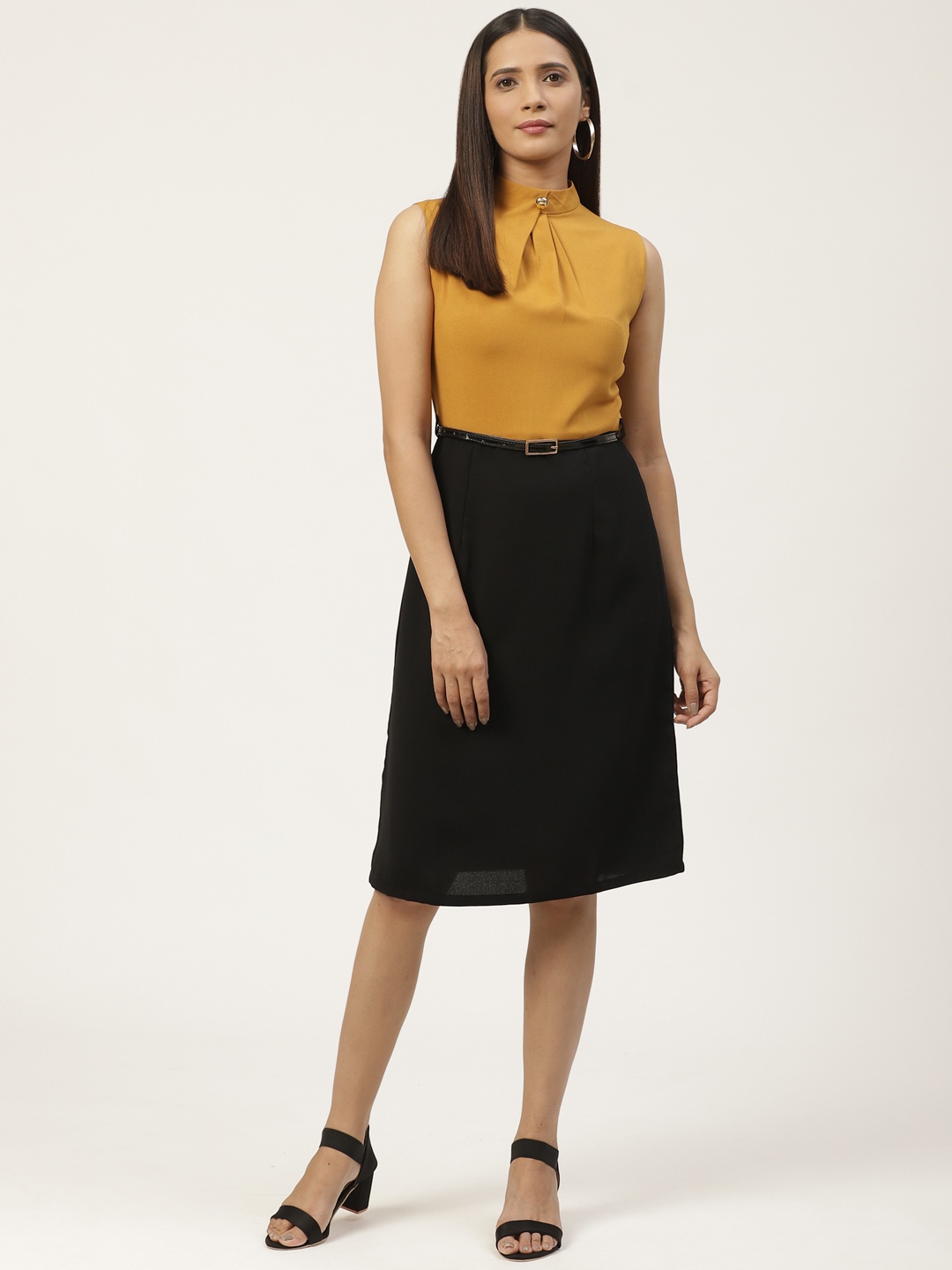 

WoowZerz Women Mustard Yellow & Black Colourblocked A-Line Dress