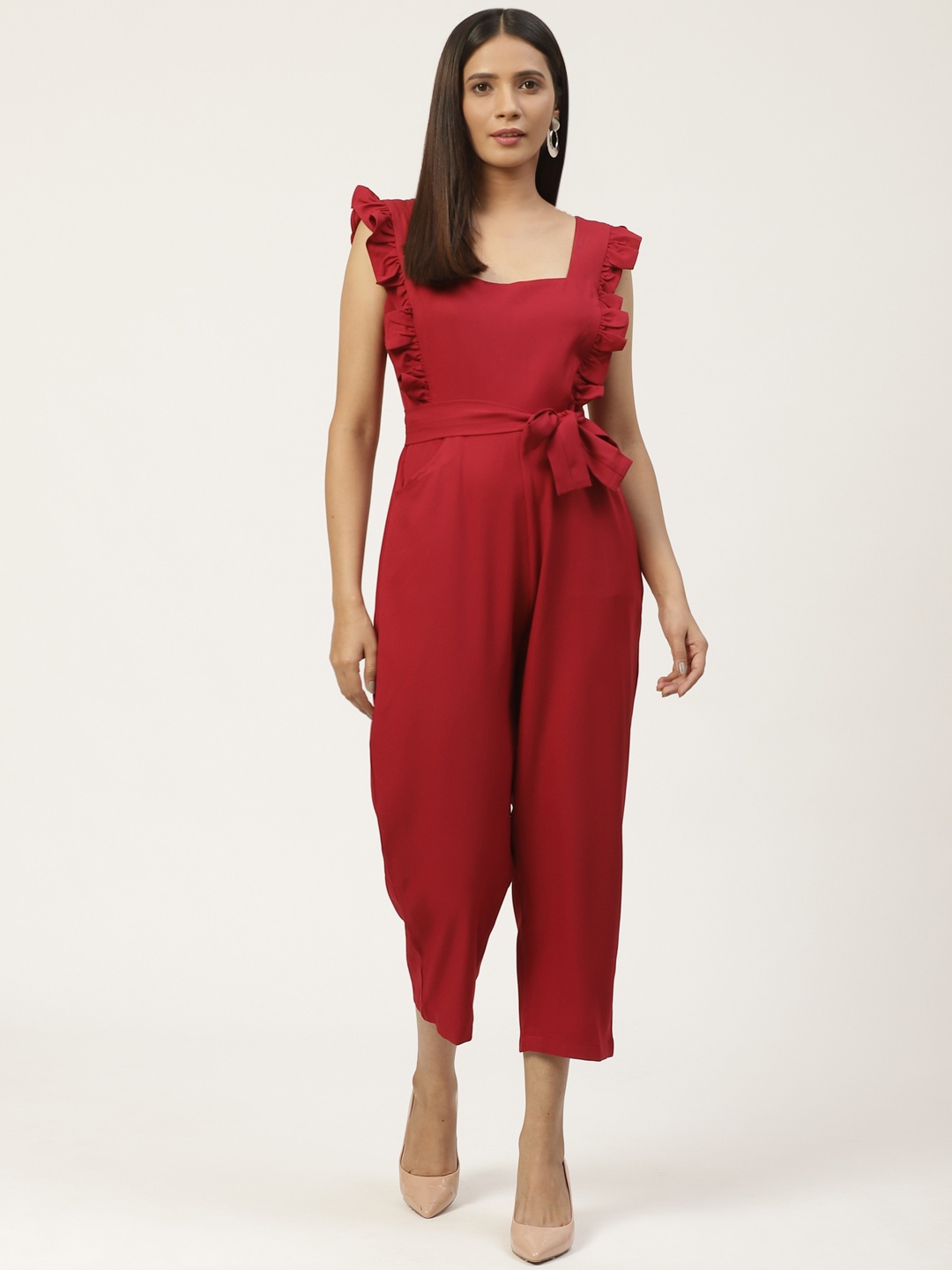 

WoowZerz Women Maroon Slim Fit Solid Ruffled Basic Jumpsuit